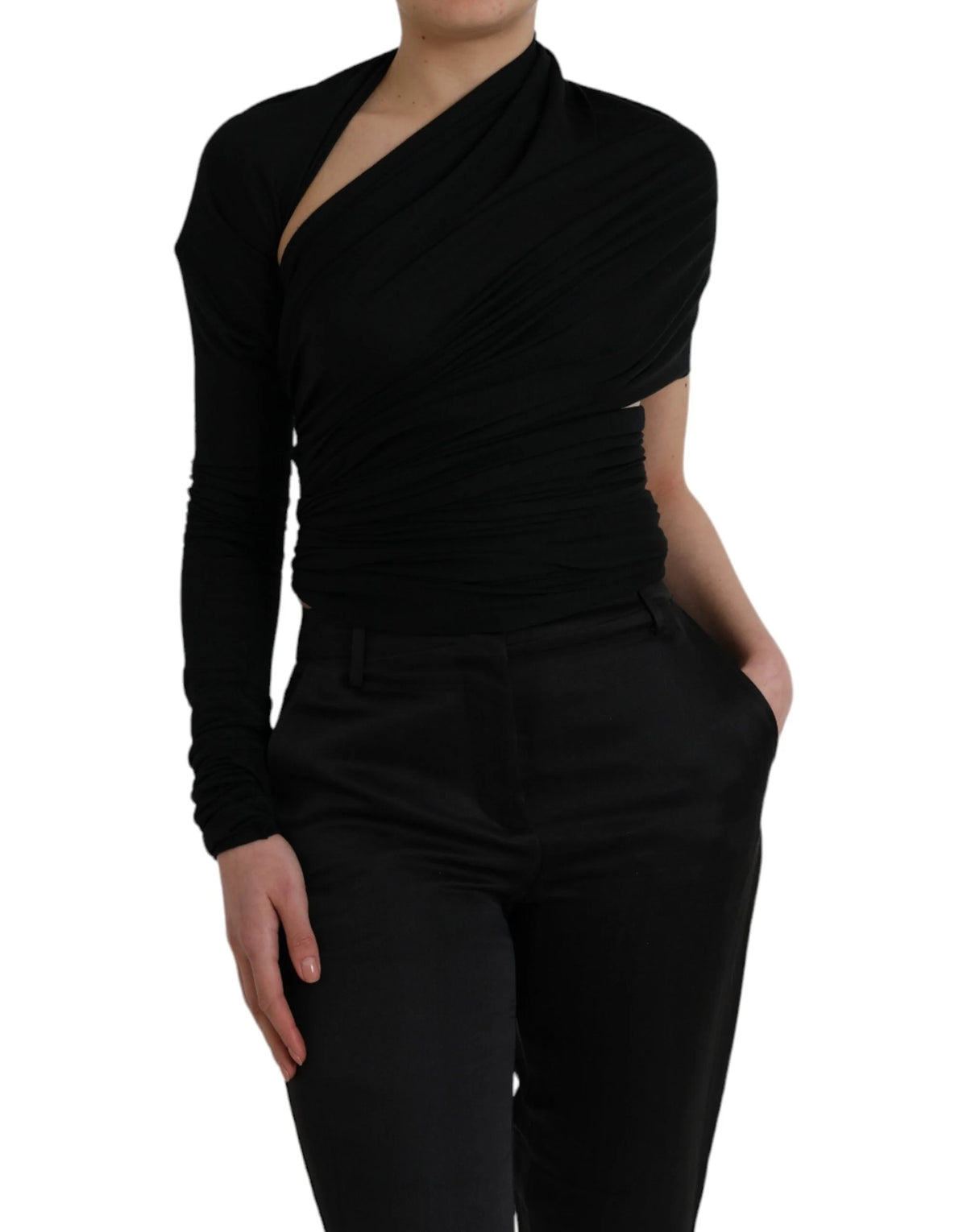 Dolce & Gabbana Black Wool Cutout Asymmetric Long Sleeve Top - Sweaters