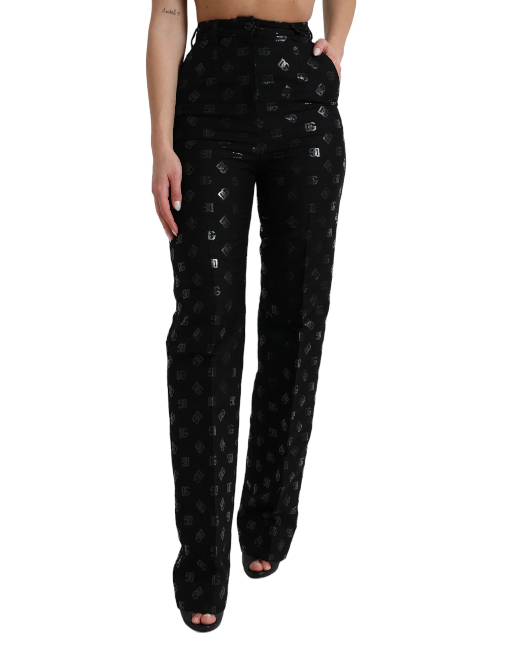 Dolce & Gabbana Black Wool DG Logo High Waist Straight Pants - IT40|S - Trousers