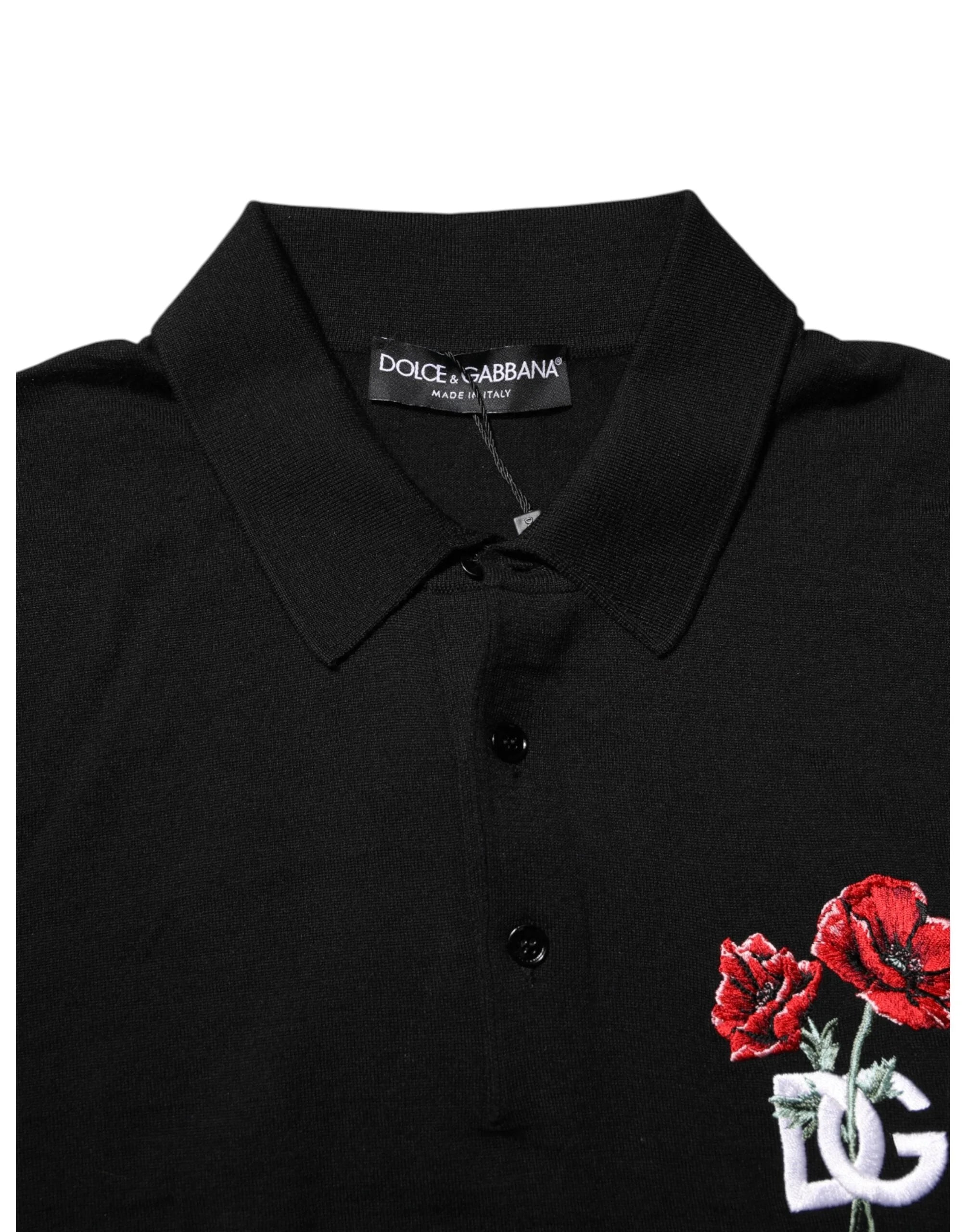 Dolce & Gabbana Black Wool DG Logo Rose Collared Polo T-shirt - IT48 | M - Polos