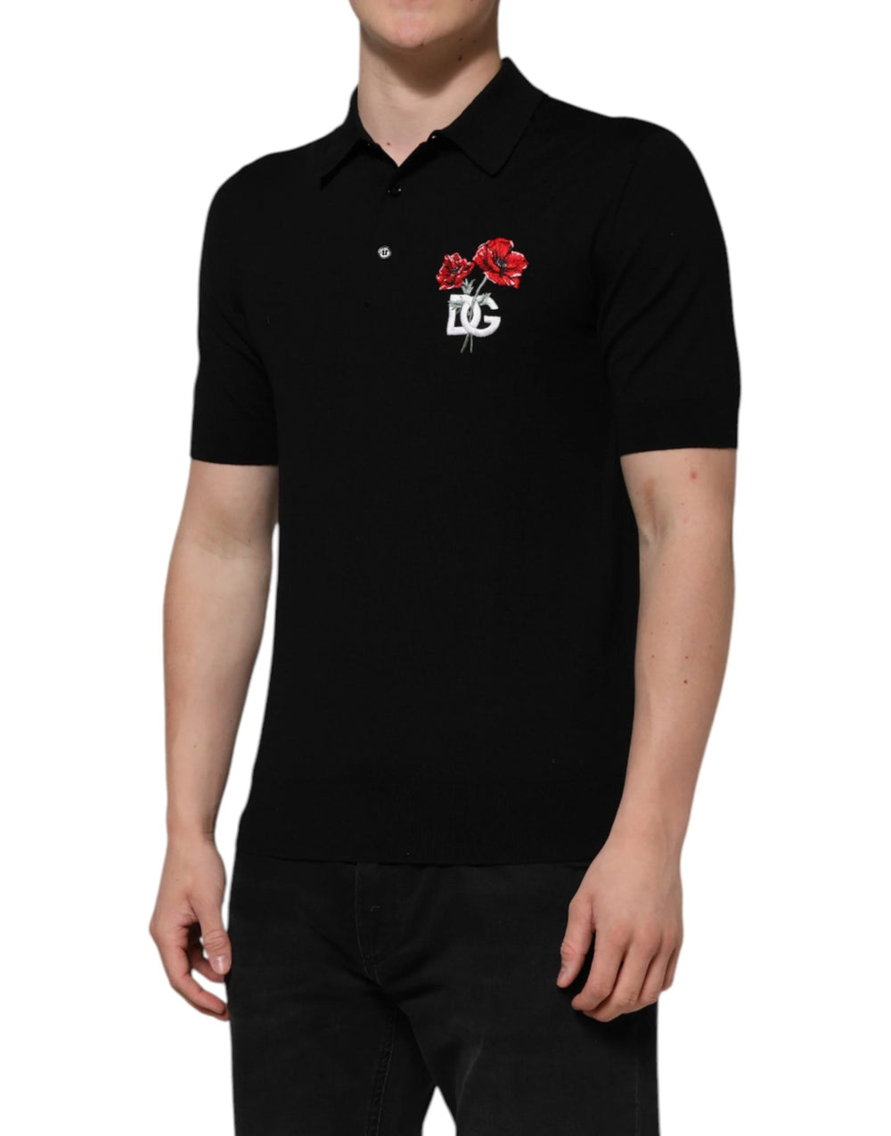 Dolce & Gabbana Black Wool DG Logo Rose Collared Polo T-shirt - IT48 | M - Polos