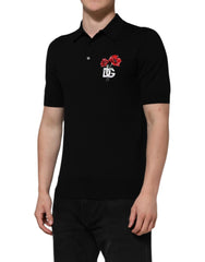 Dolce & Gabbana Black Wool DG Logo Rose Collared Polo T-shirt - IT48 | M - Polos