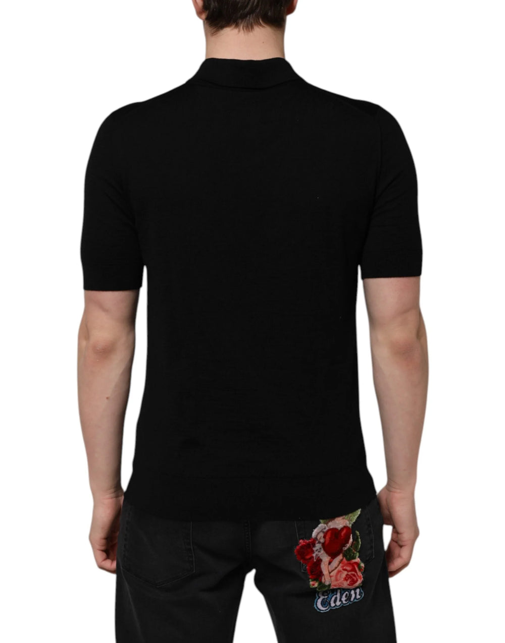 Dolce & Gabbana Black Wool DG Logo Rose Collared Polo T-shirt - IT48 | M - Polos