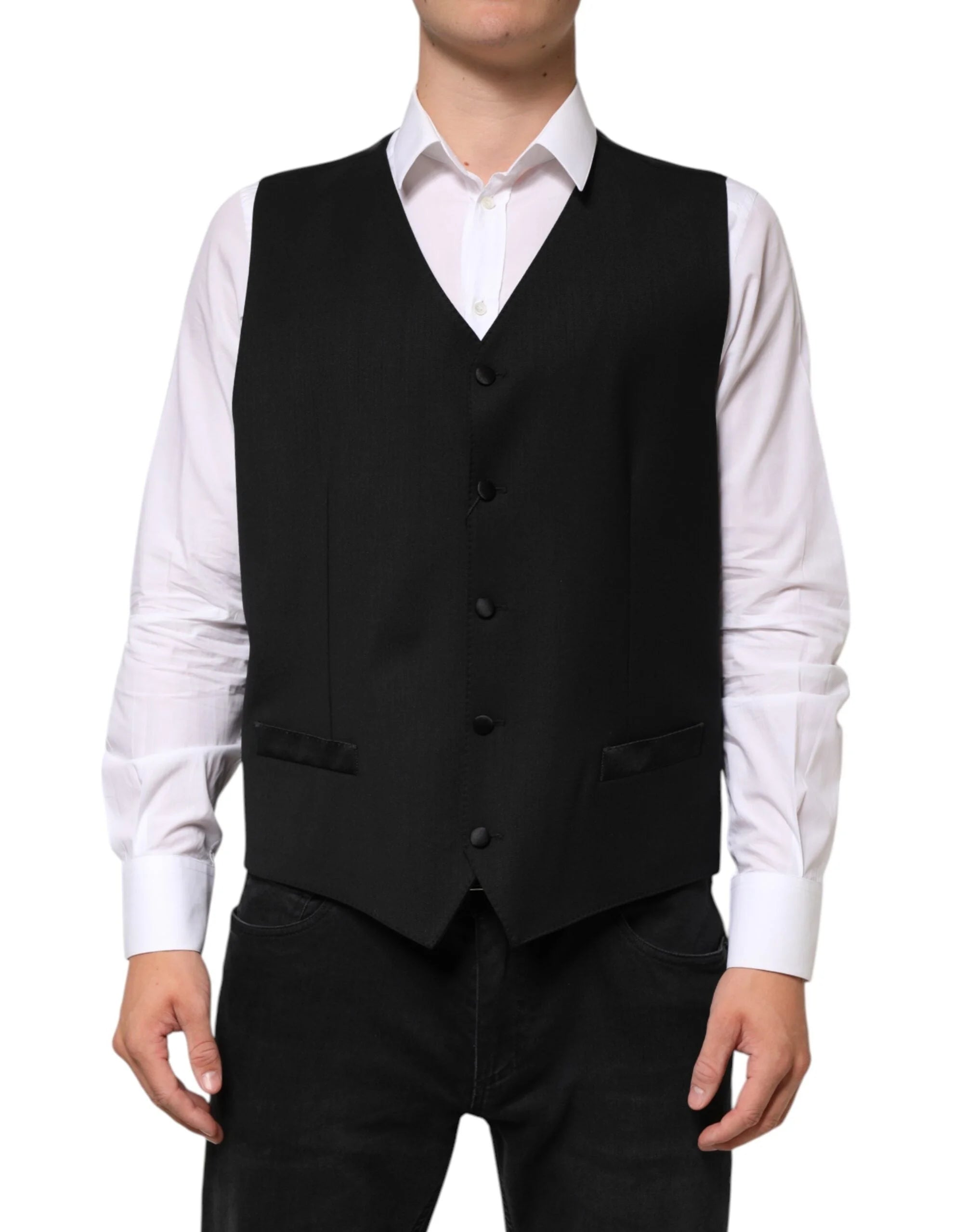 Dolce & Gabbana Black Wool Dress Formal Men Waistcoat Vest - IT56 | XXL - Vests