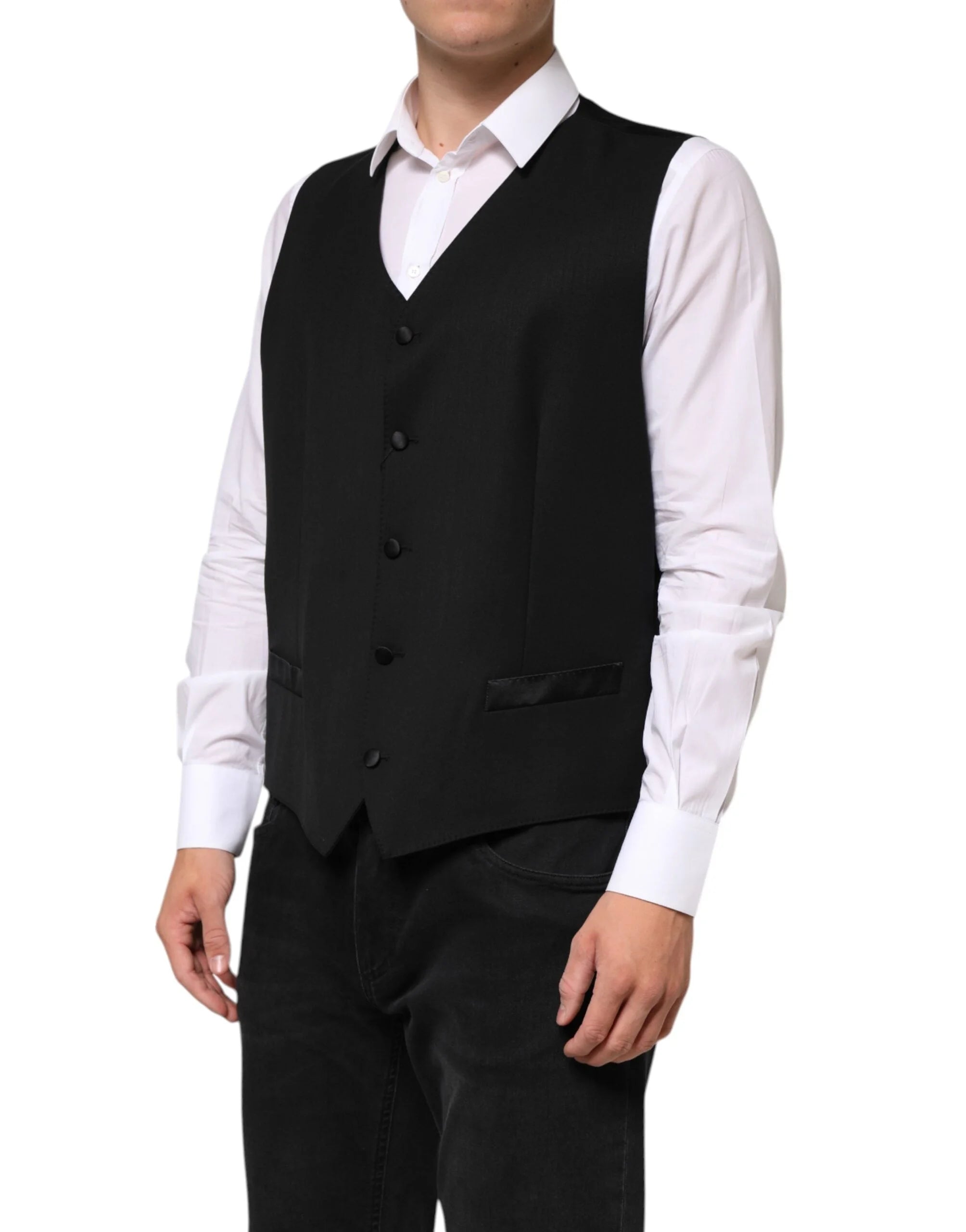 Dolce & Gabbana Black Wool Dress Formal Men Waistcoat Vest - IT56 | XXL - Vests