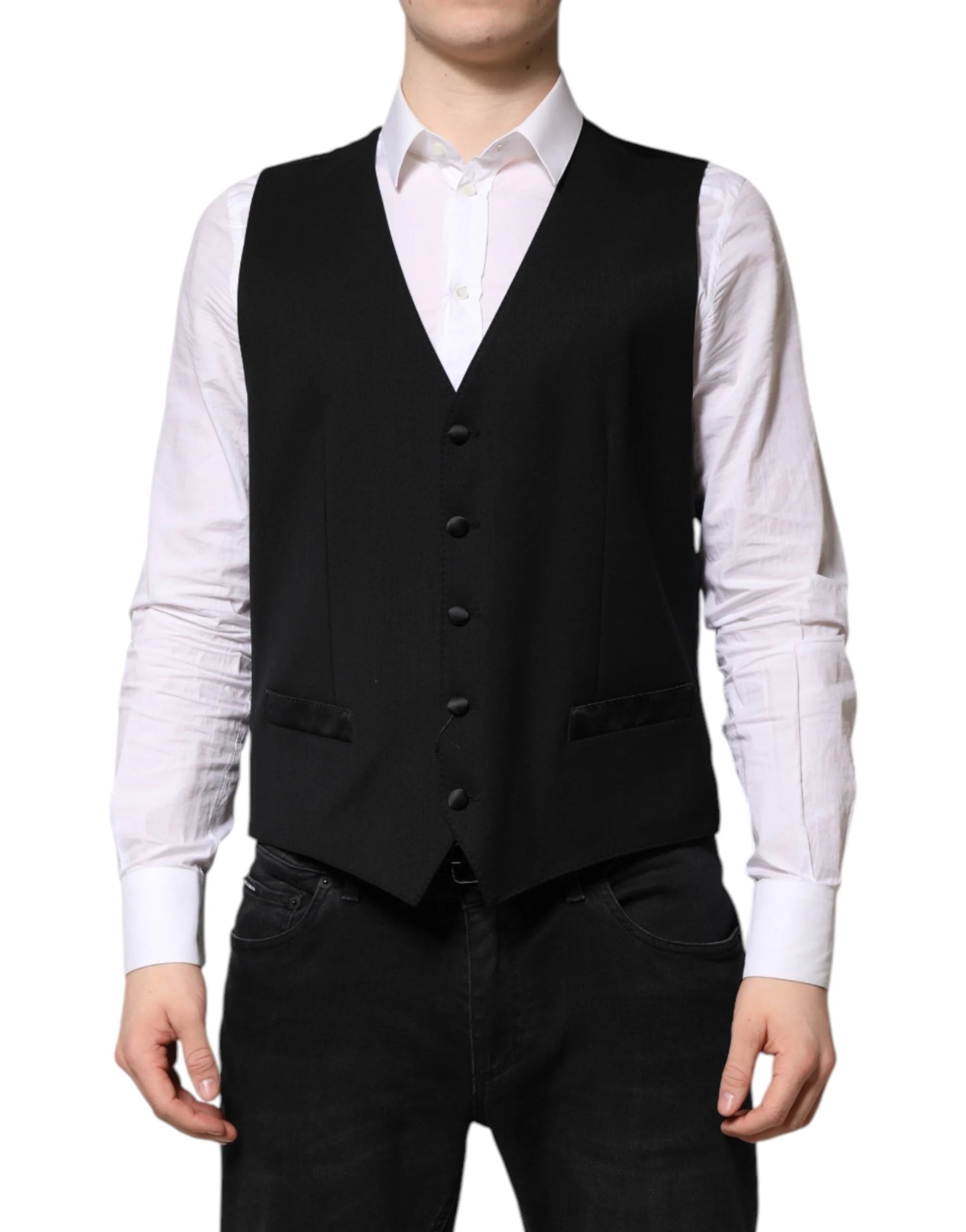 Dolce & Gabbana Black Wool Dress Formal Men Waistcoat Vest - Vests