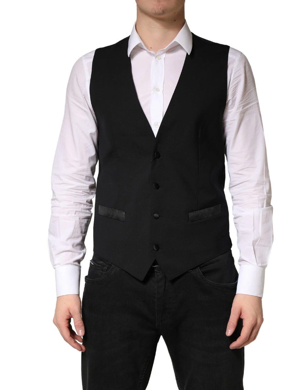 Dolce & Gabbana Black Wool Dress Men Formal Waistcoat Vest - IT48 | M