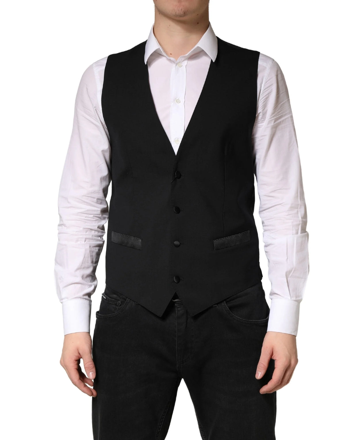 Dolce & Gabbana Black Wool Dress Men Formal Waistcoat Vest - IT48 | M