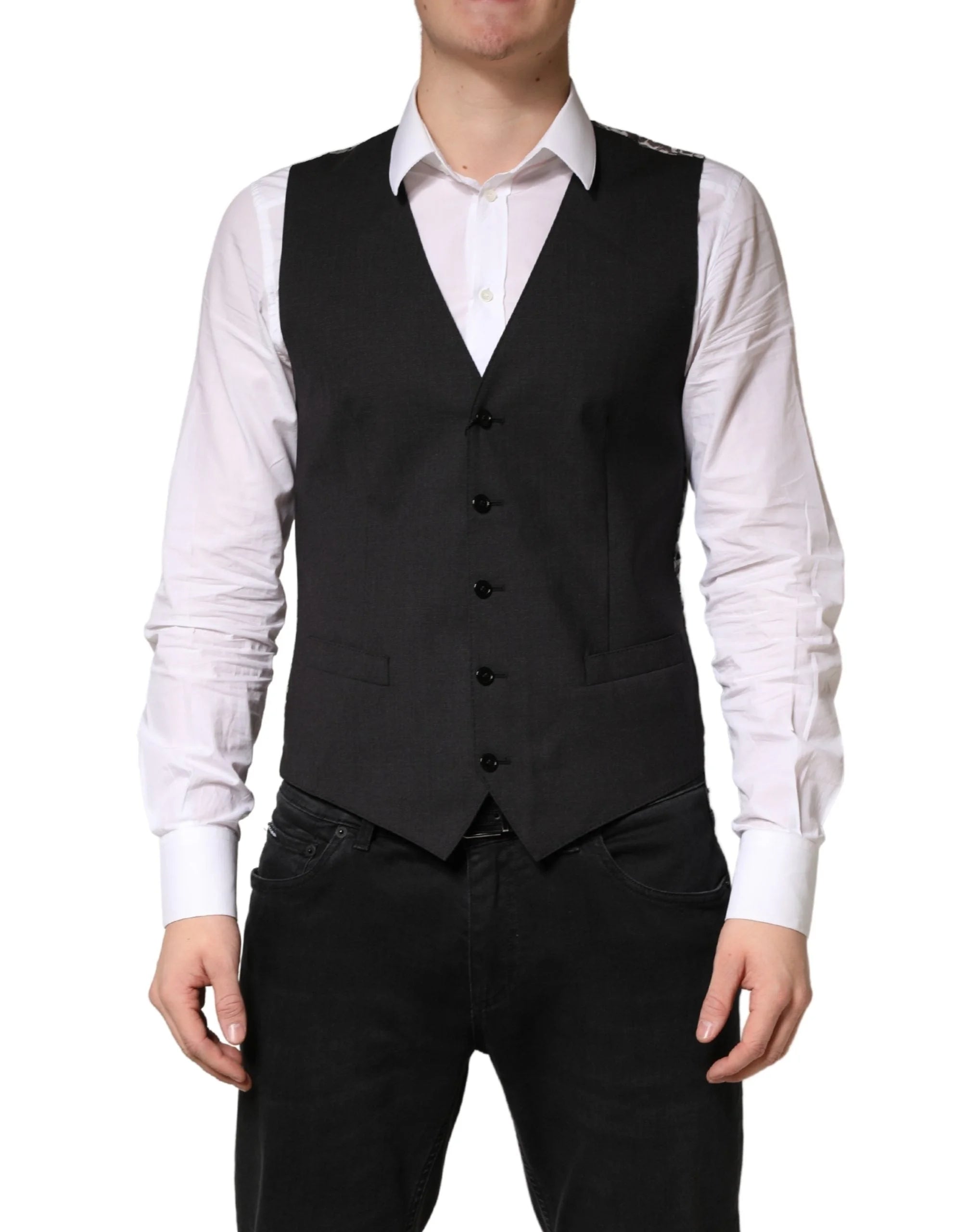 Dolce & Gabbana Black Wool Dress Men Formal Waistcoat Vest - IT48 | M