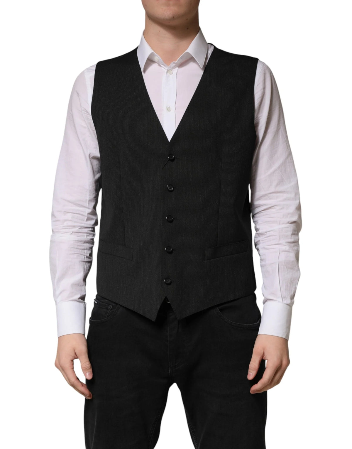 Dolce & Gabbana Black Wool Dress Men Formal Waistcoat Vest - IT52 | XL
