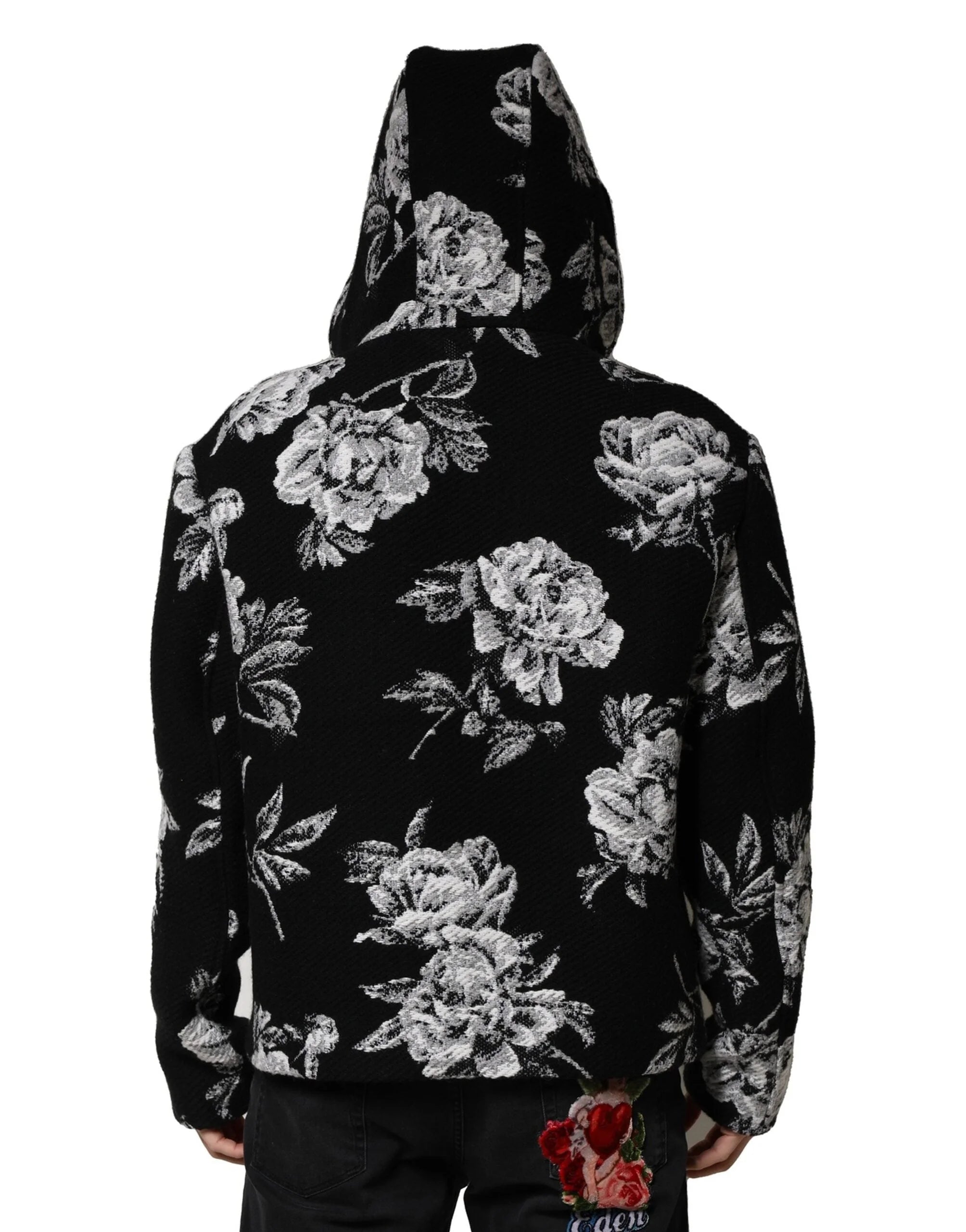 Dolce & Gabbana Black Wool Floral Printed Men Hooded Jacket - IT48 | M - Sport Jackets