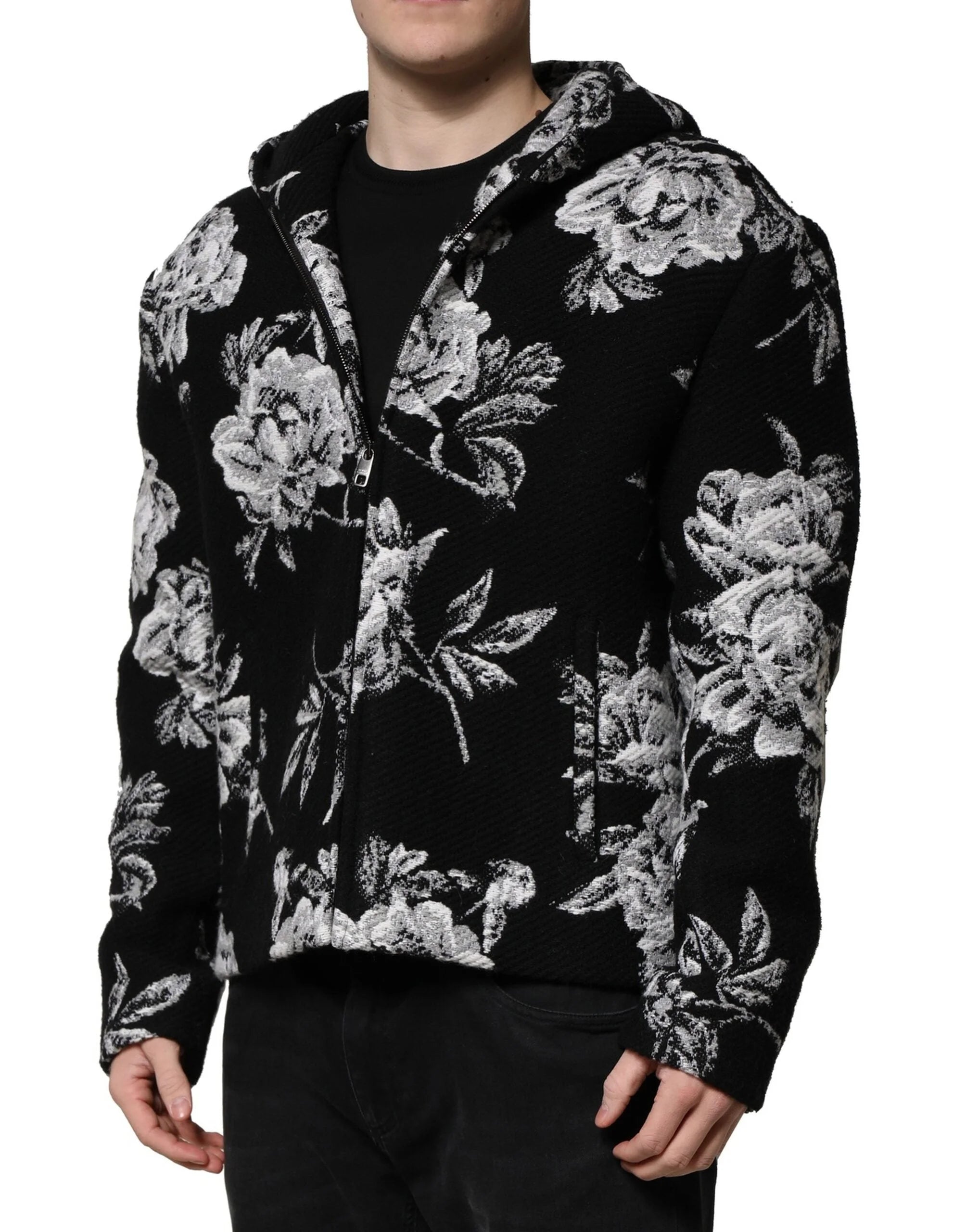 Dolce & Gabbana Black Wool Floral Printed Men Hooded Jacket - IT48 | M - Sport Jackets