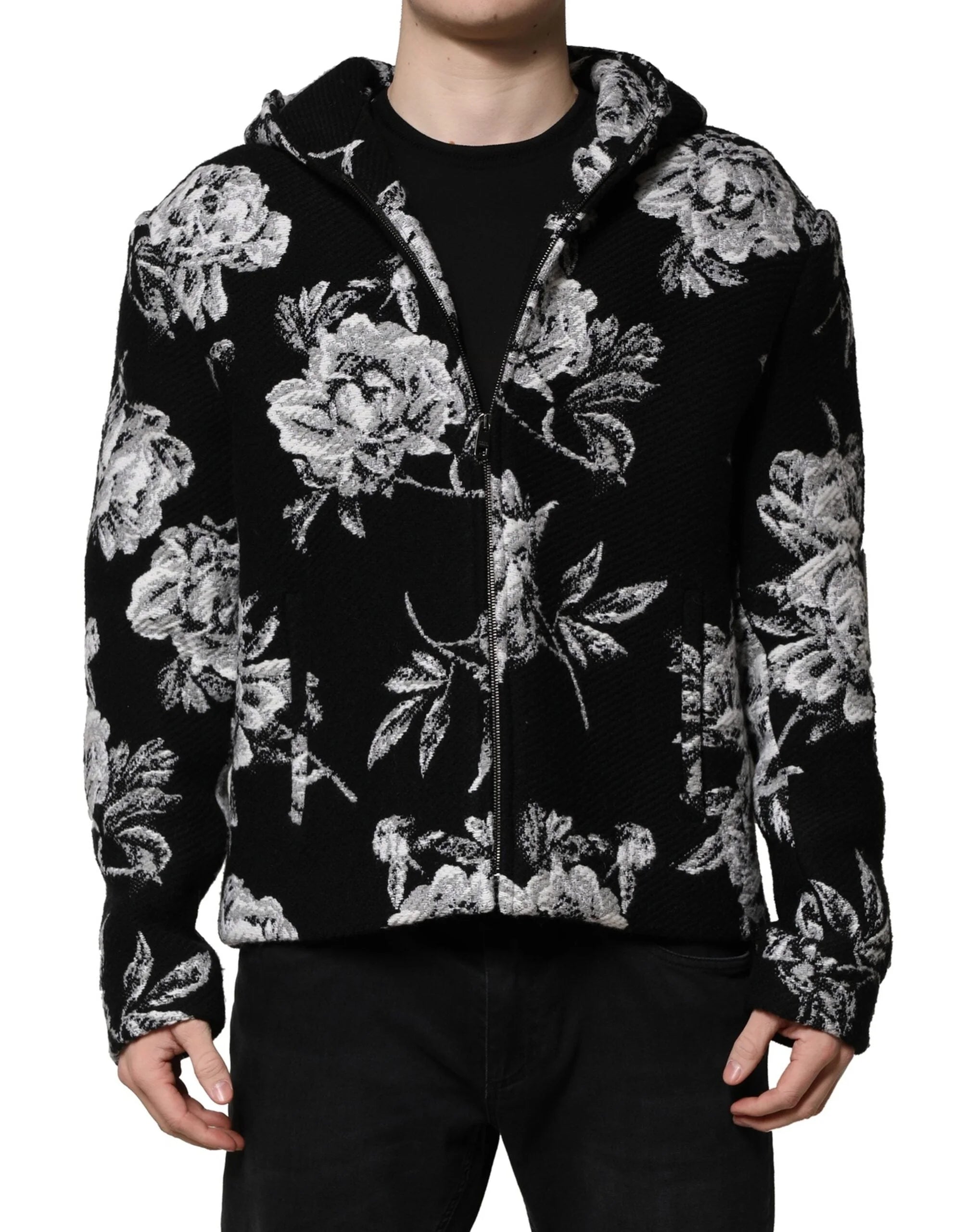 Dolce & Gabbana Black Wool Floral Printed Men Hooded Jacket - IT48 | M - Sport Jackets