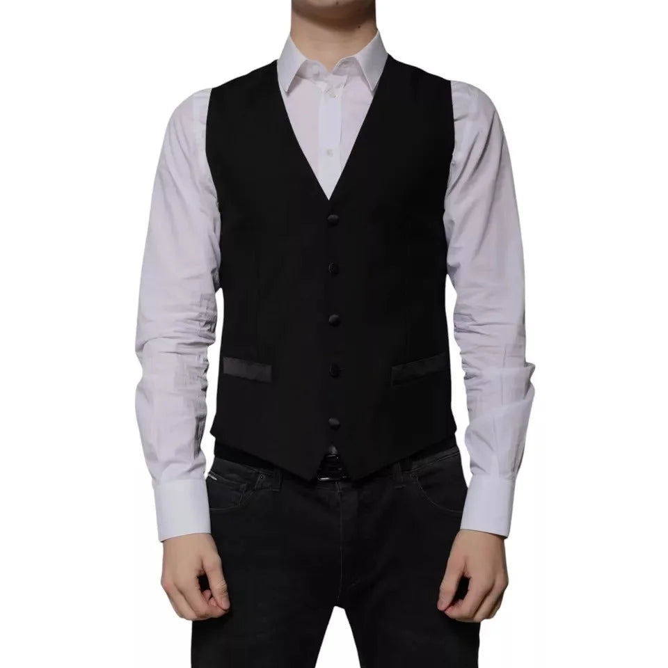 Dolce & Gabbana Black Wool Formal Dress Men Waistcoat Vest - IT48 | M - Vests