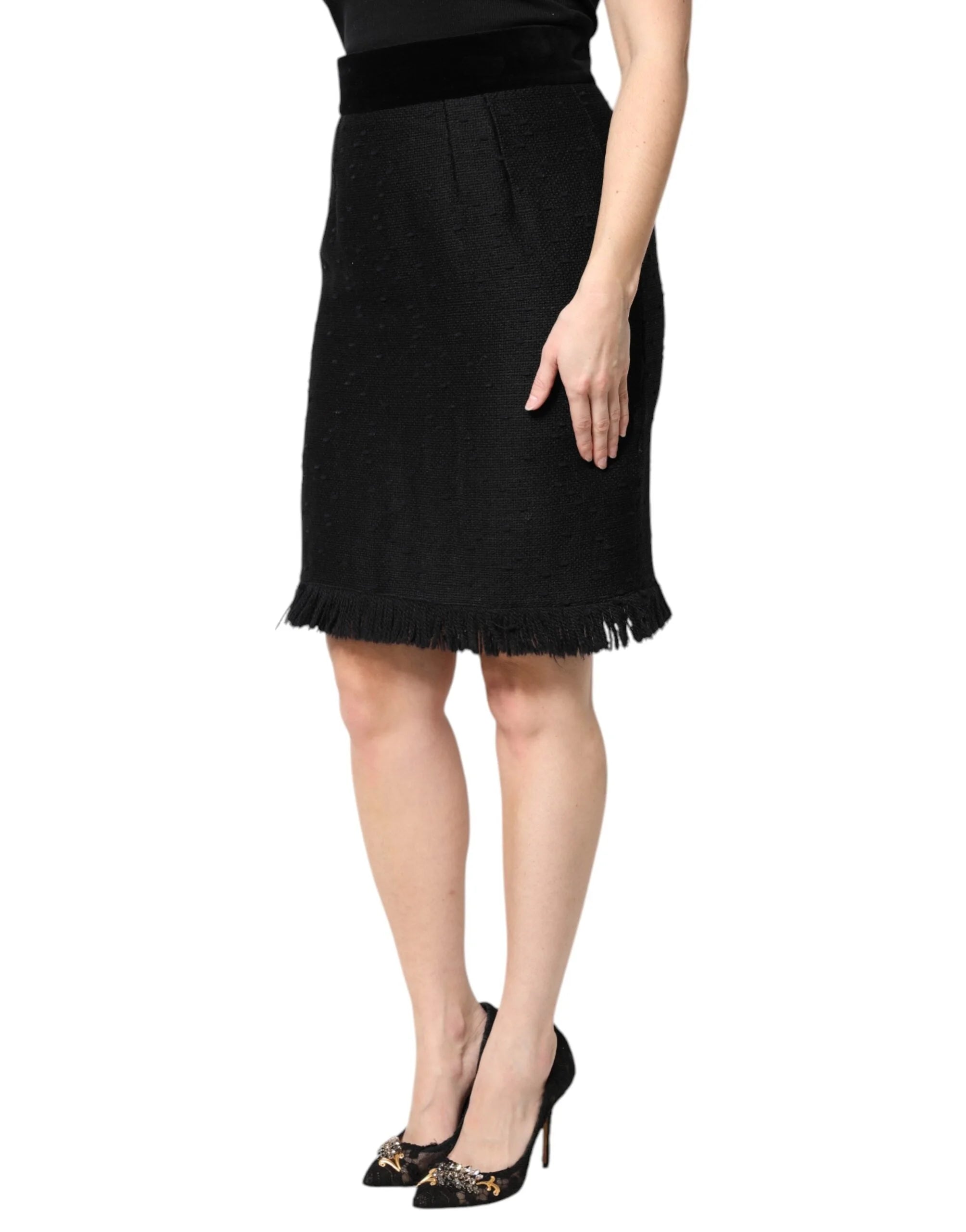 Dolce & Gabbana Black Wool Fringe High Waist Pencil Mini Skirt - IT44 | L - Skirts