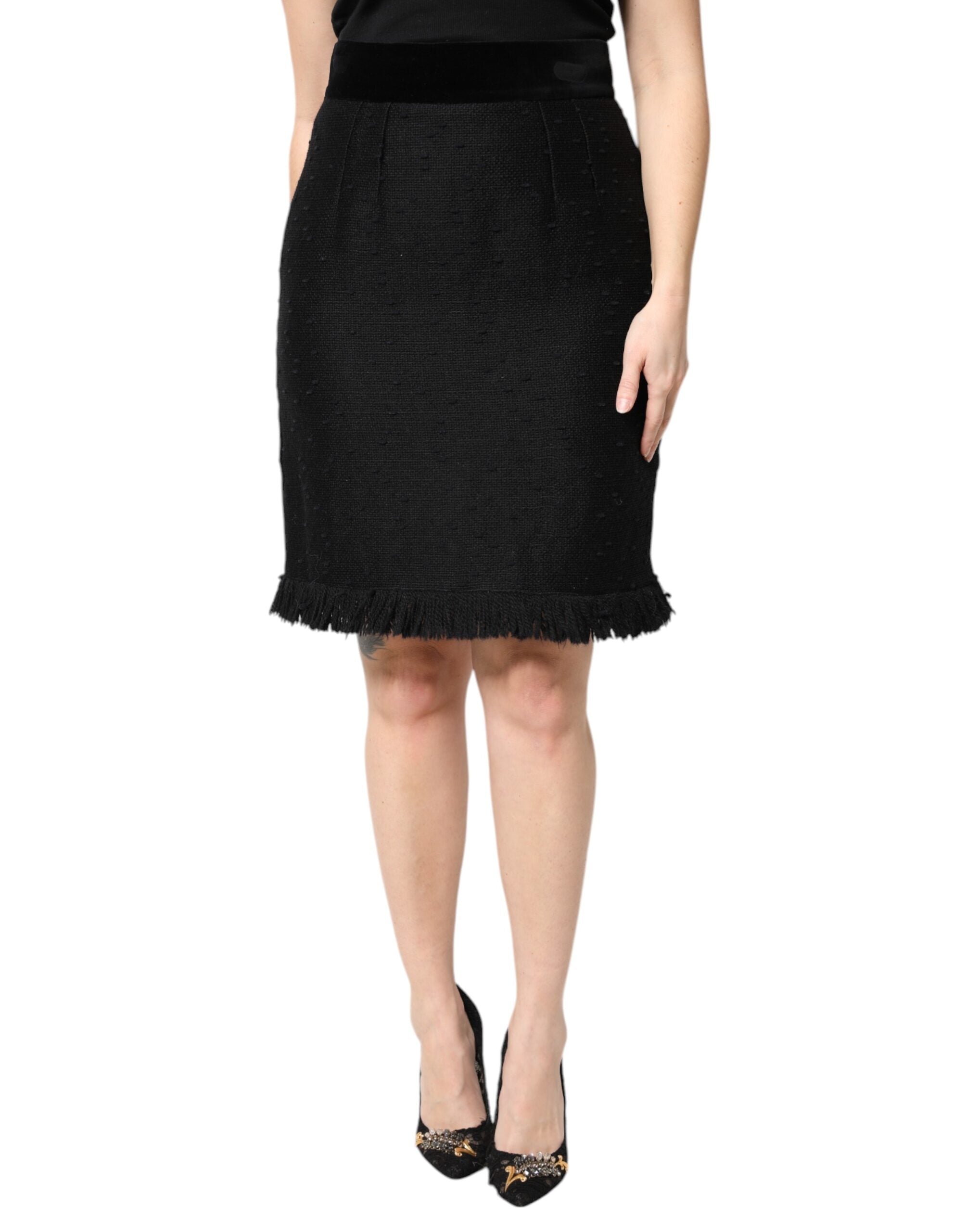 Dolce & Gabbana Black Wool Fringe High Waist Pencil Mini Skirt - IT44 | L