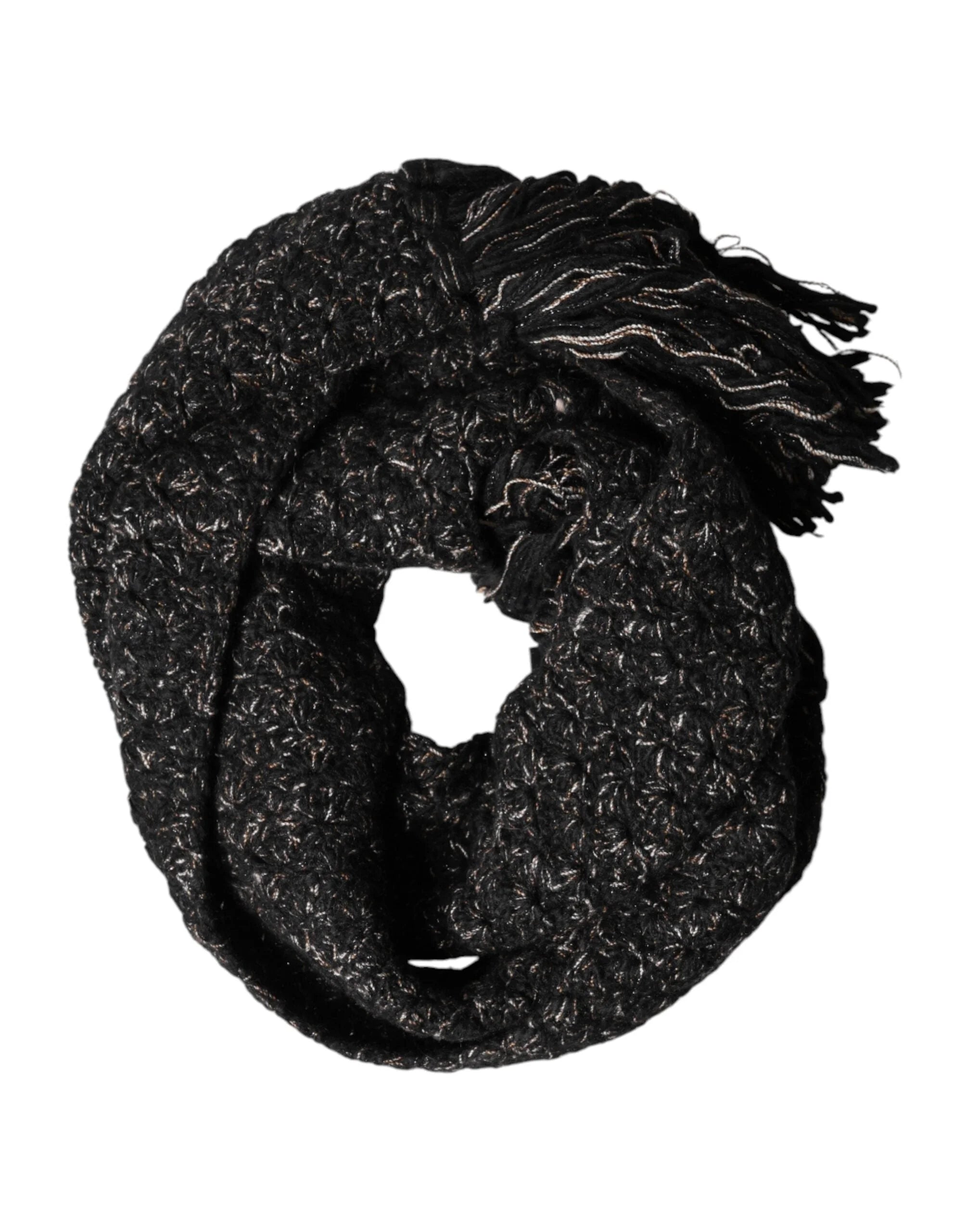 Dolce & Gabbana Black Wool Fringes Neck Wrap Foulard Scarf