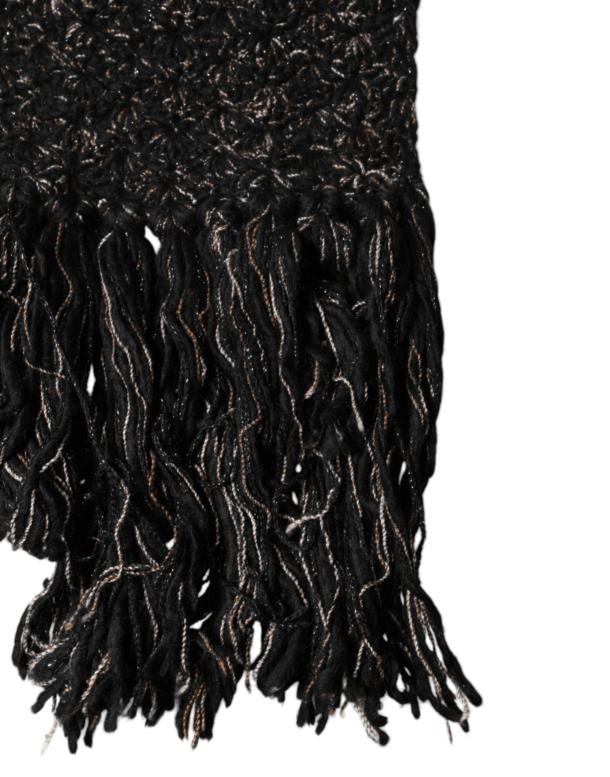 Dolce & Gabbana Black Wool Fringes Neck Wrap Foulard Scarf