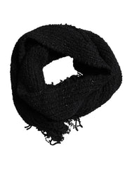 Dolce & Gabbana Black Wool Fringes Neck Wrap Foulard Scarf