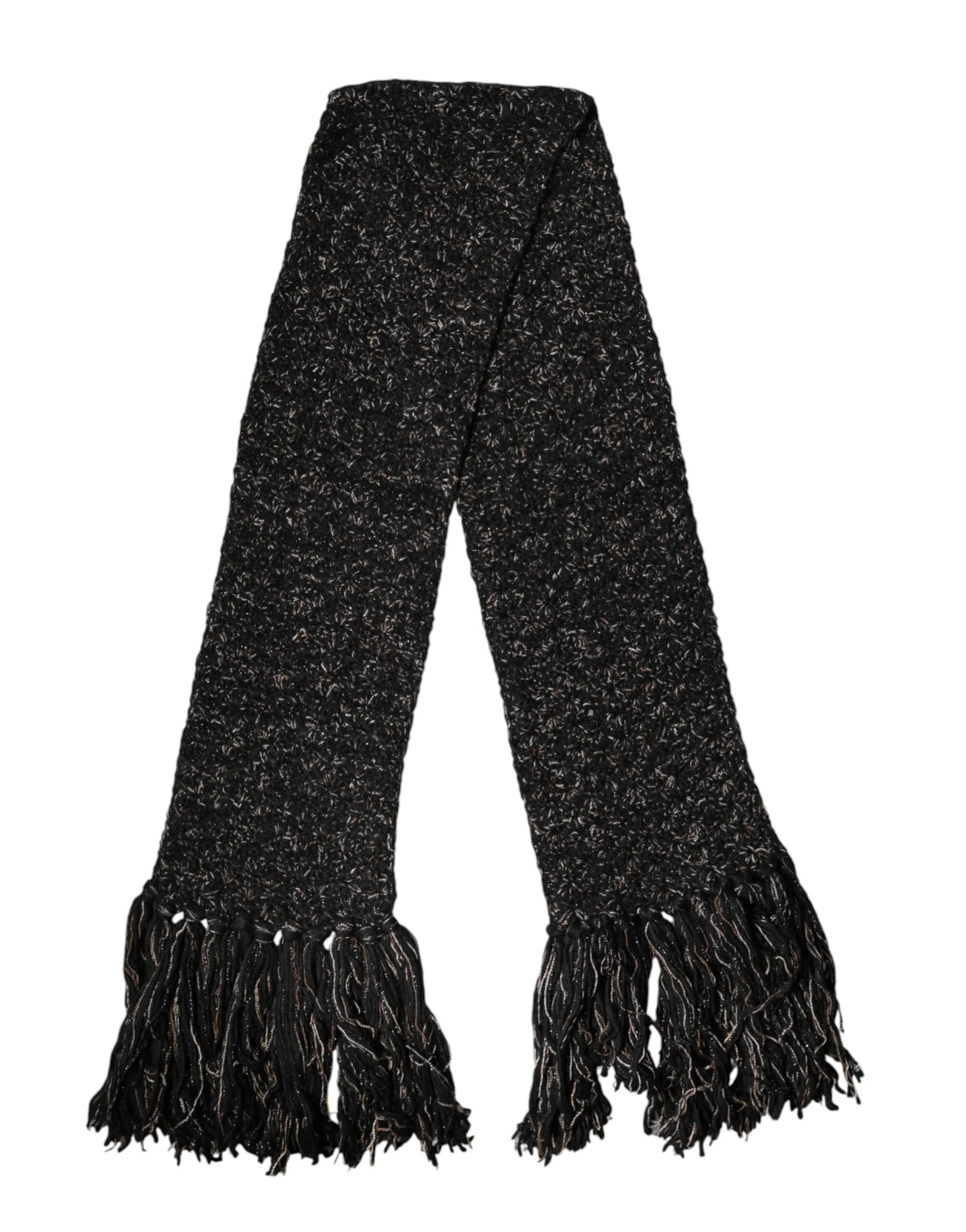 Dolce & Gabbana Black Wool Fringes Neck Wrap Foulard Scarf