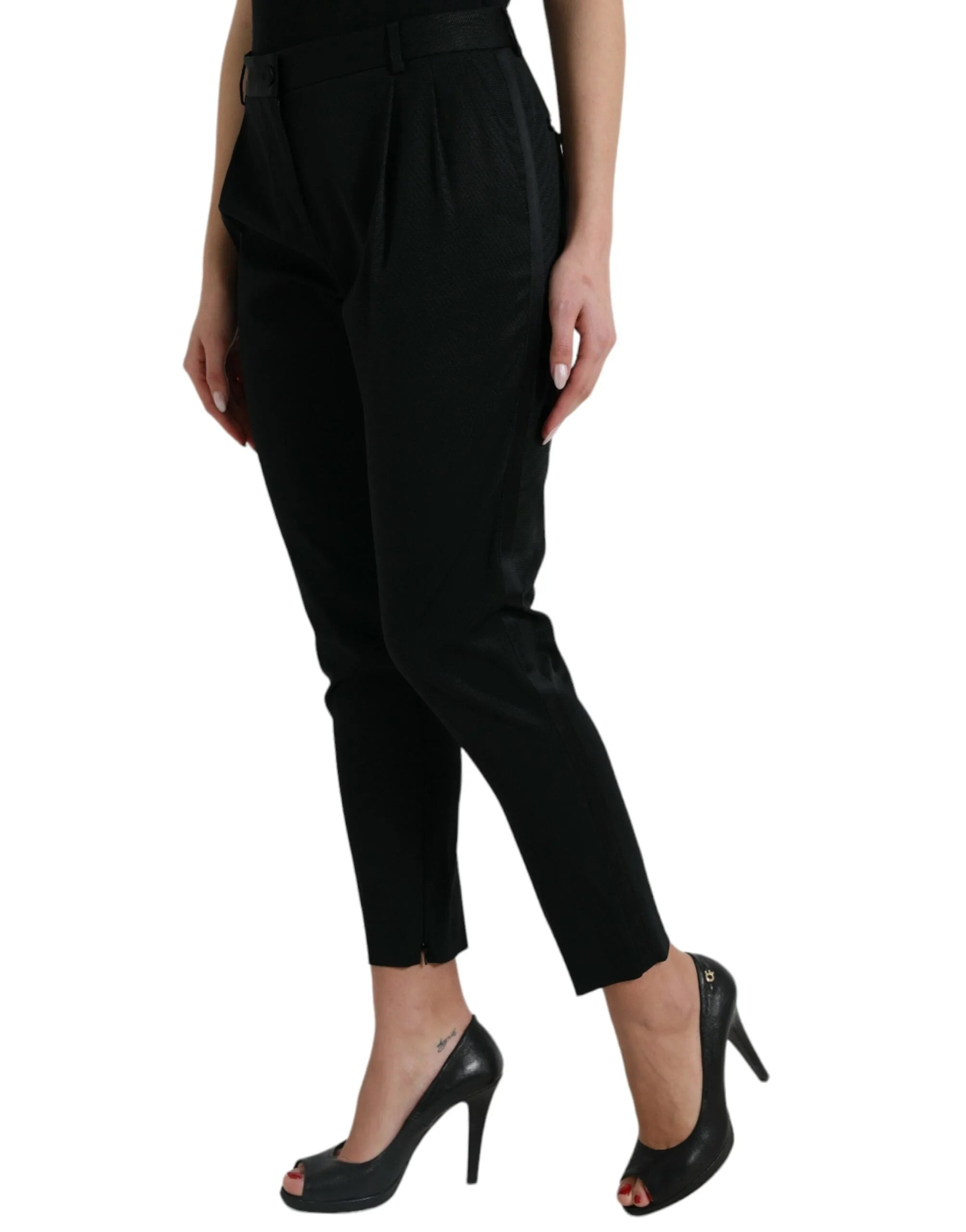 Dolce & Gabbana Black Wool High Waist Cropped Tapered Pants - IT42|M - Trousers