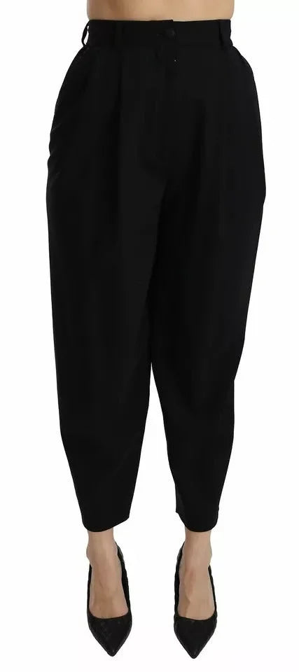 Dolce & Gabbana Black Wool High Waist Pleat Front Cropped Pants - IT40|S - Trousers