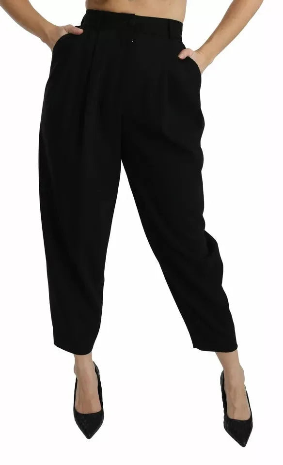 Dolce & Gabbana Black Wool High Waist Pleat Front Cropped Pants - IT40|S - Trousers