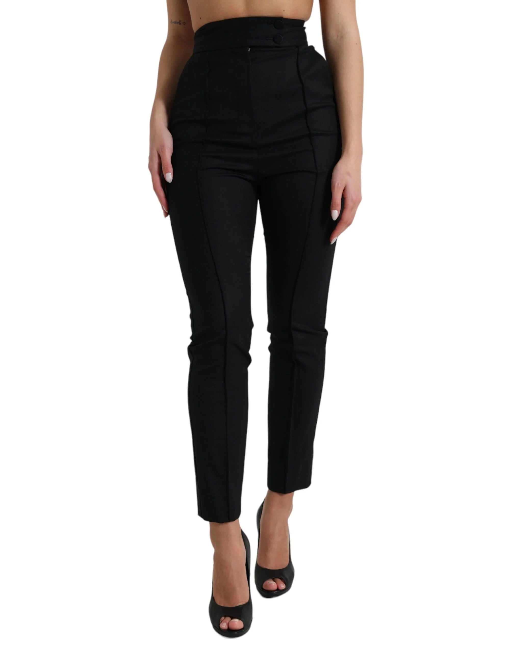 Dolce & Gabbana Black Wool High Waist Tapered Pants - IT40|S - Trousers