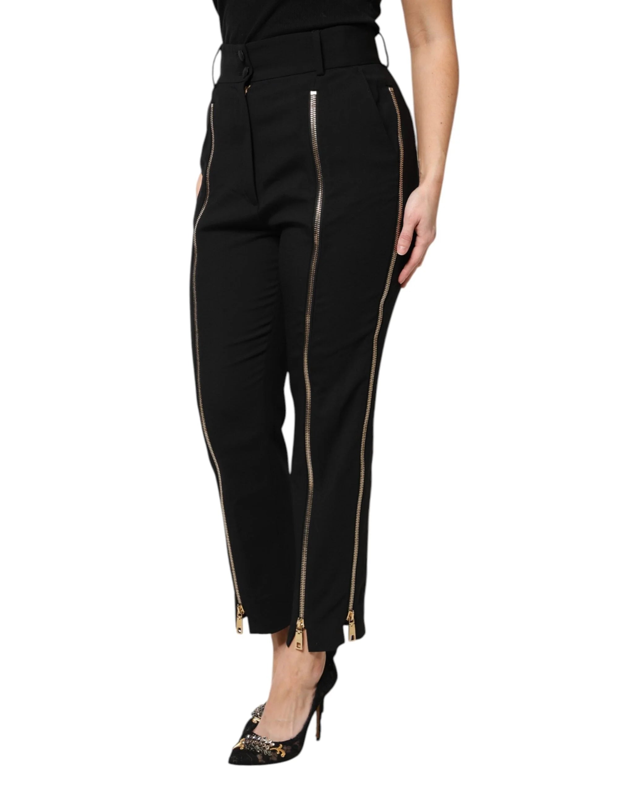 Dolce & Gabbana Black Wool High Waist Zipper Tapered Pants - Trousers
