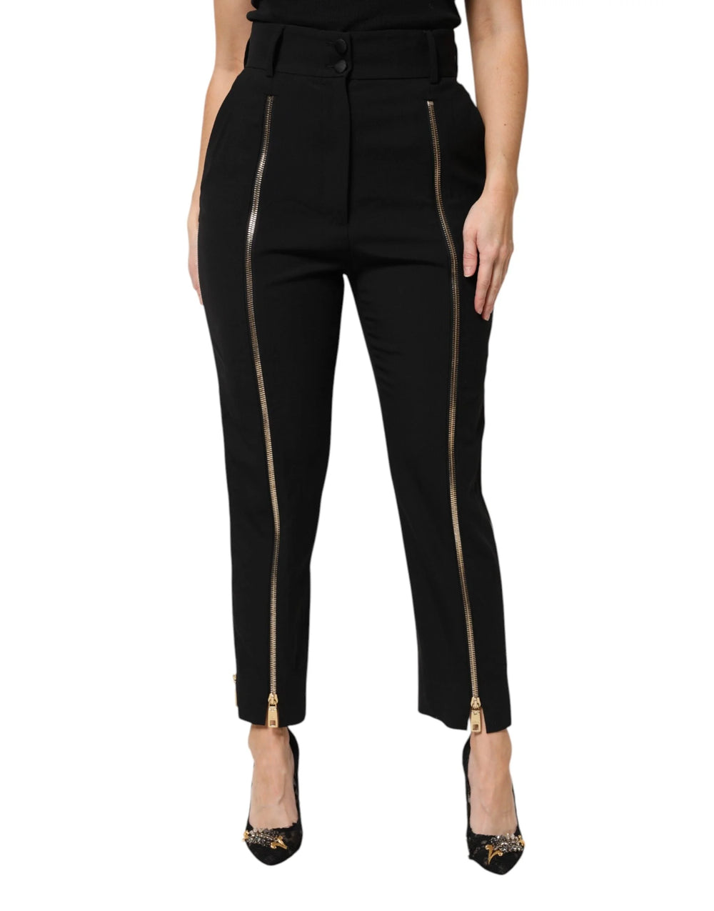 Dolce & Gabbana Black Wool High Waist Zipper Tapered Pants - Trousers