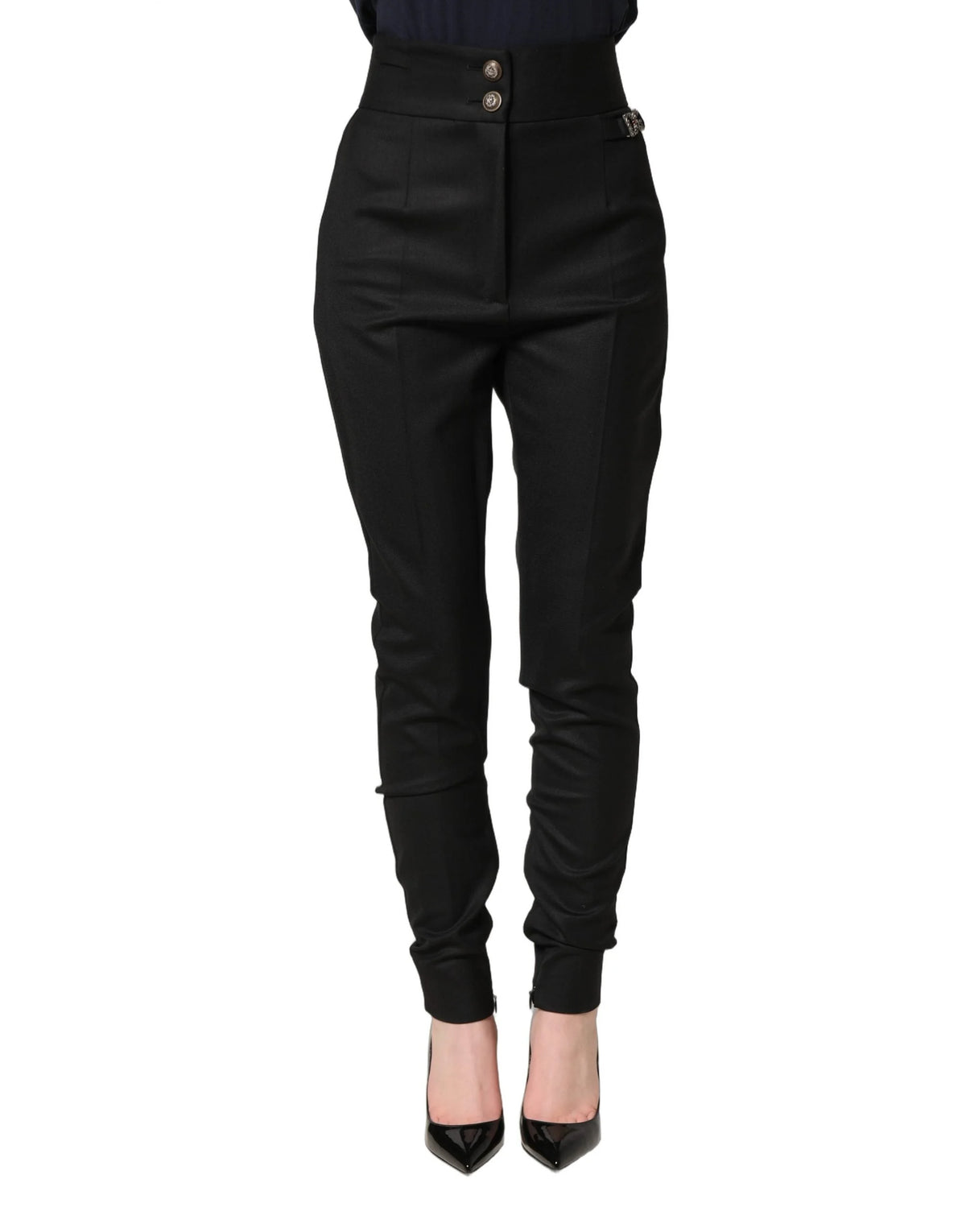Dolce & Gabbana Black Wool High Waisted Logo Trouser Pants - IT36|XXS