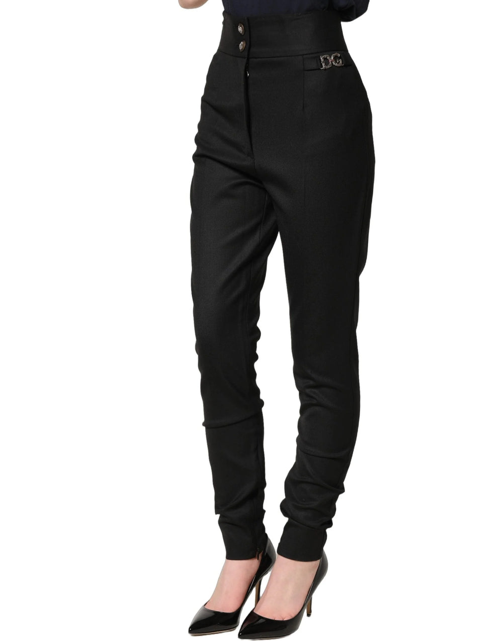 Dolce & Gabbana Black Wool High Waisted Logo Trouser Pants - IT36|XXS