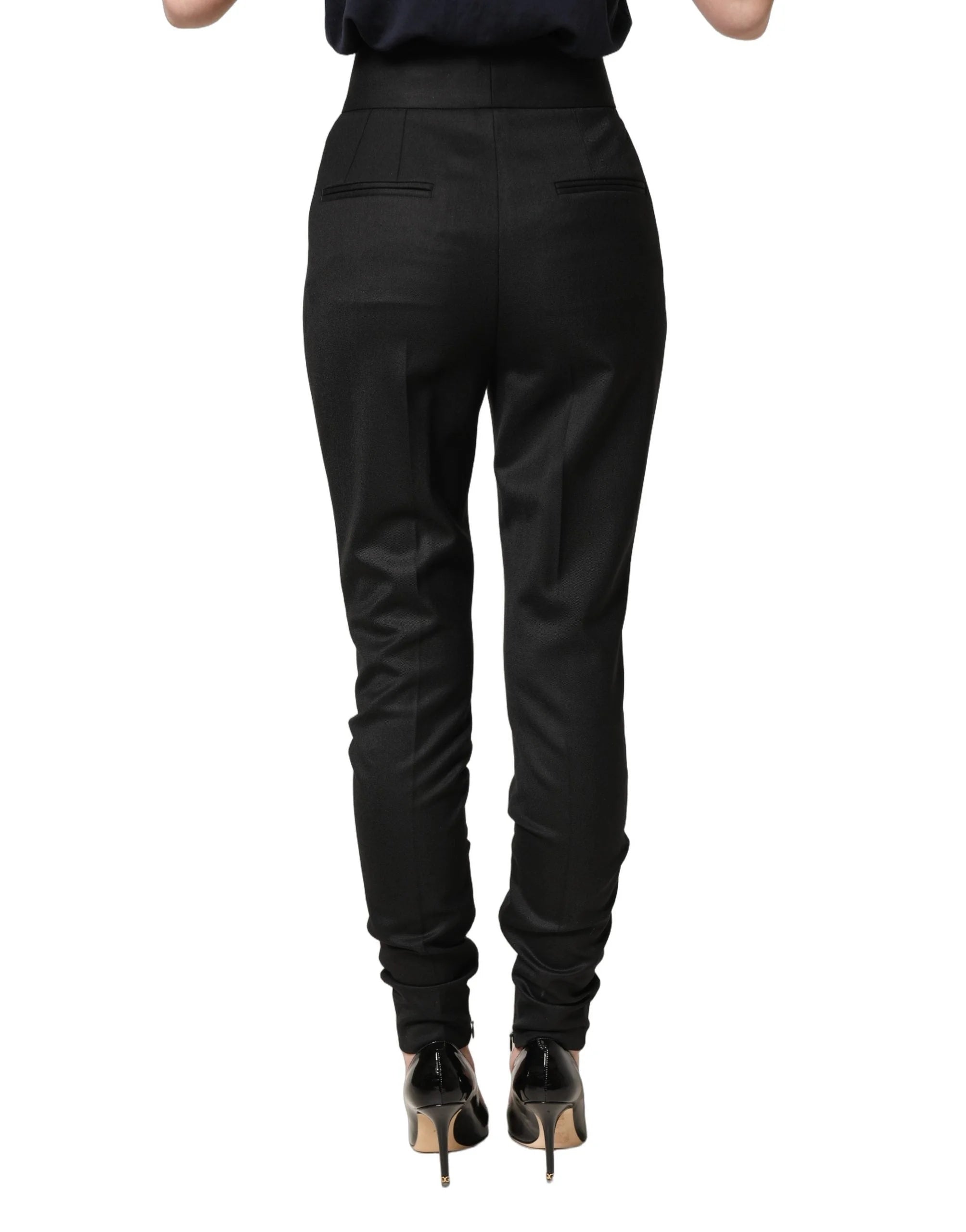 Dolce & Gabbana Black Wool High Waisted Logo Trouser Pants - IT36|XXS