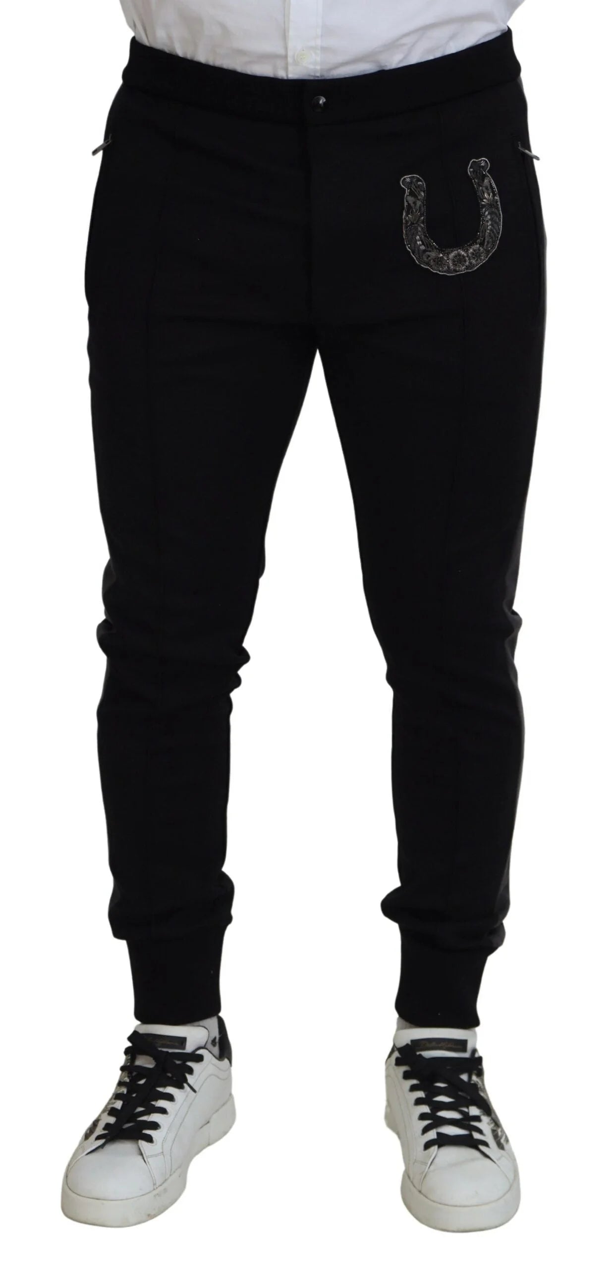 Dolce & Gabbana Black Wool Horseshoe Jogger Pants - IT52 | L - Joggers
