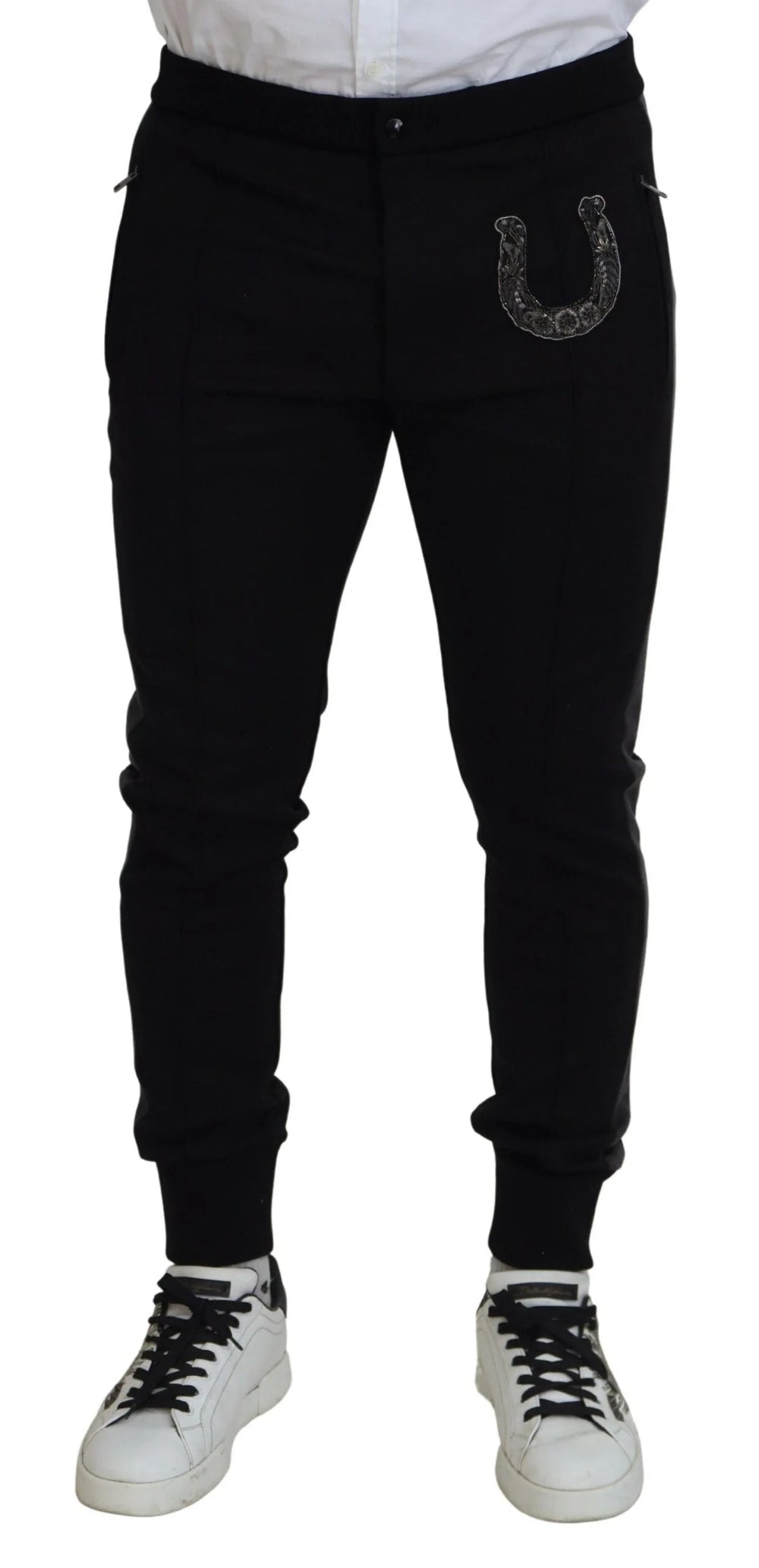 Dolce & Gabbana Black Wool Horseshoe Jogger Pants - IT52 | L - Joggers