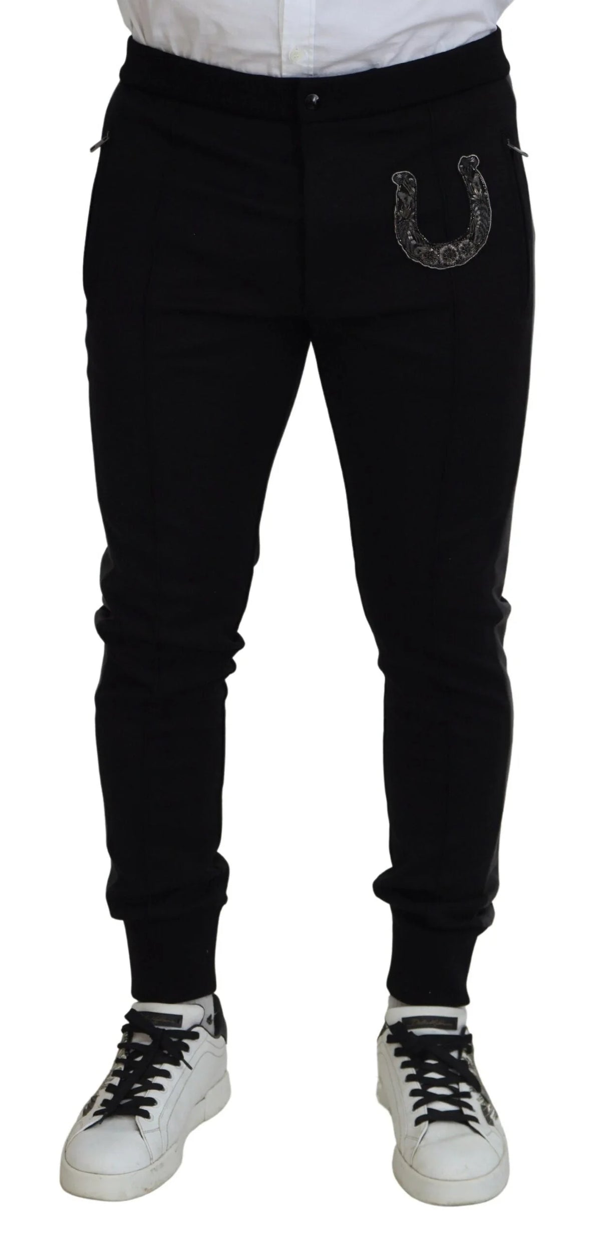 Dolce & Gabbana Black Wool Horseshoe Jogger Pants - IT52 | L - Joggers