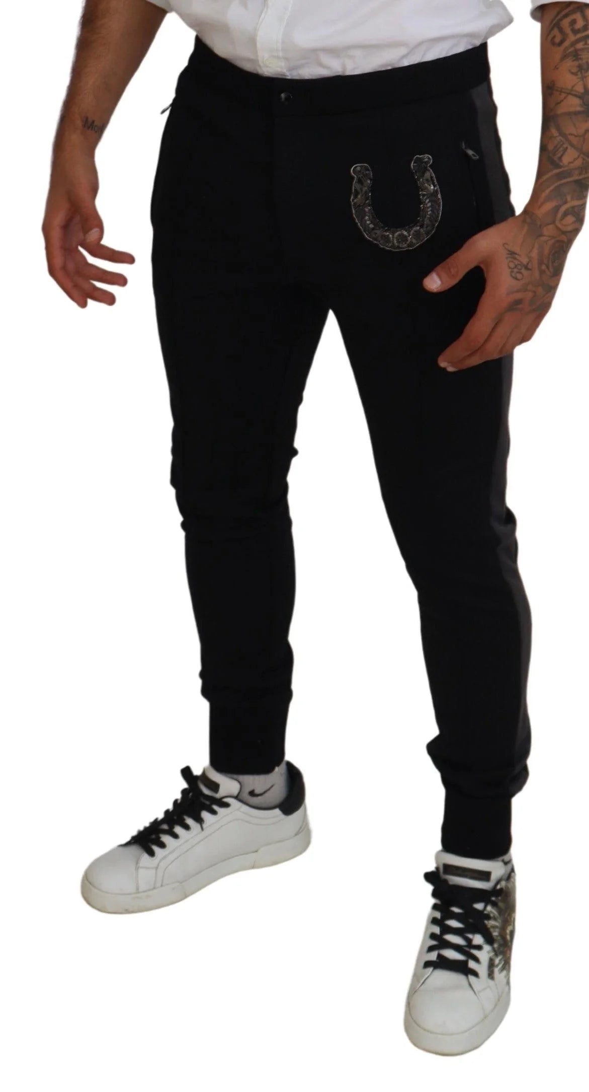 Dolce & Gabbana Black Wool Horseshoe Jogger Pants - IT52 | L - Joggers