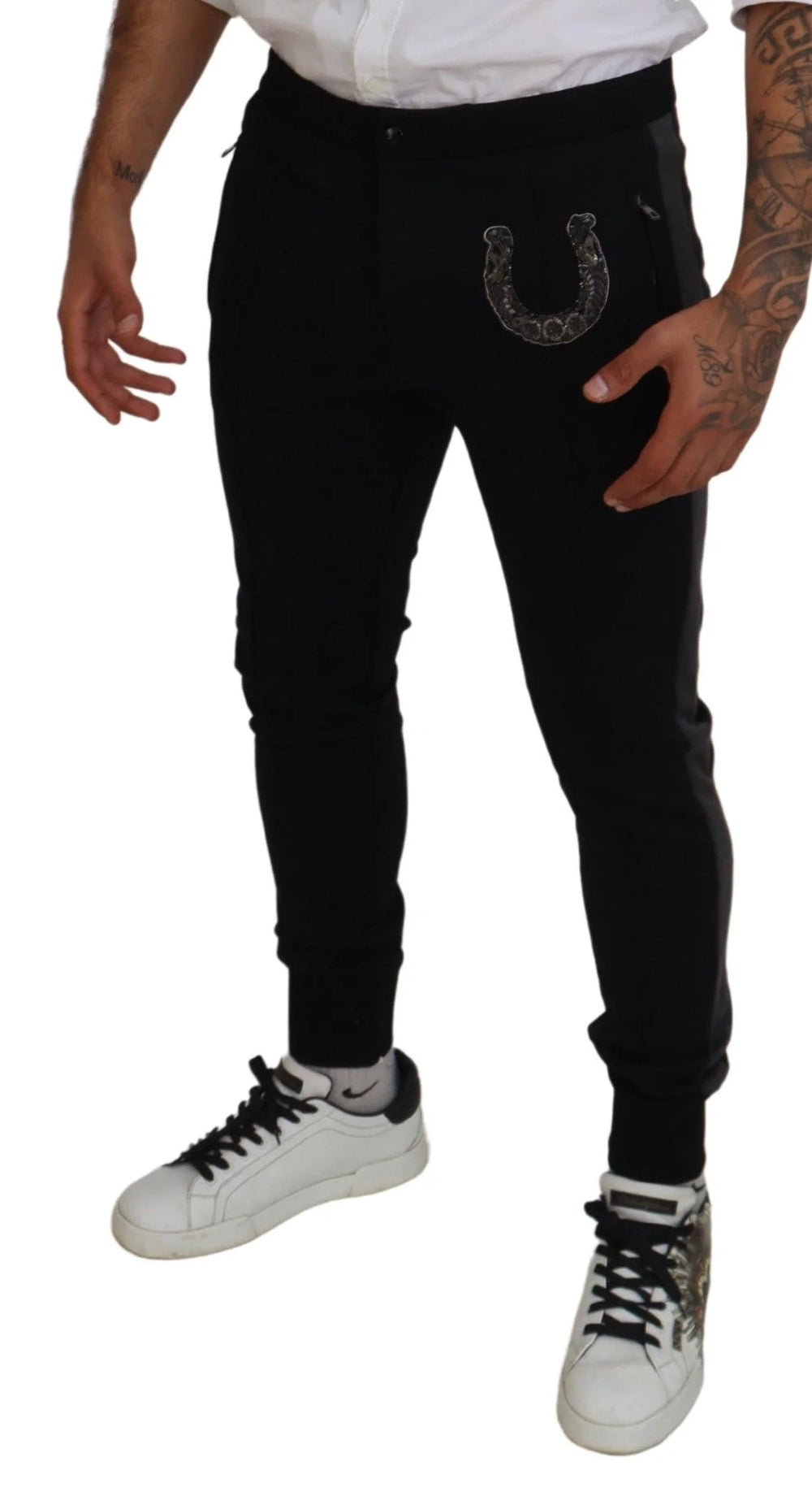 Dolce & Gabbana Black Wool Horseshoe Jogger Pants - IT52 | L - Joggers
