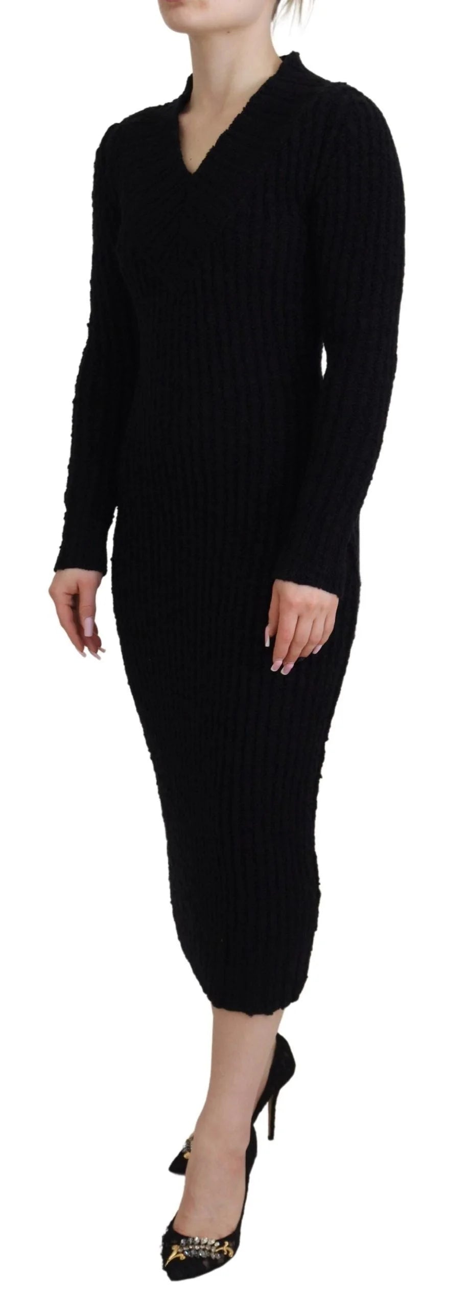 Dolce & Gabbana Black Wool Knitted Sheath Sweater Dress - Dresses