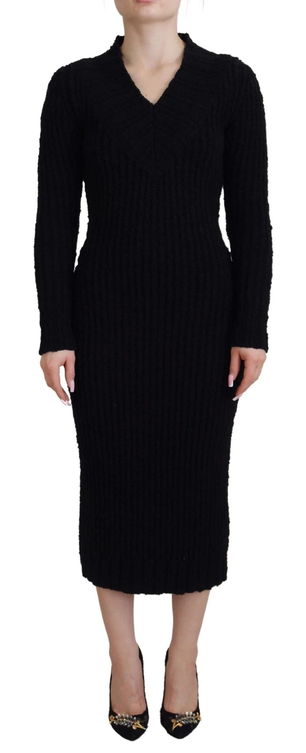 Dolce & Gabbana Black Wool Knitted Sheath Sweater Dress - Dresses