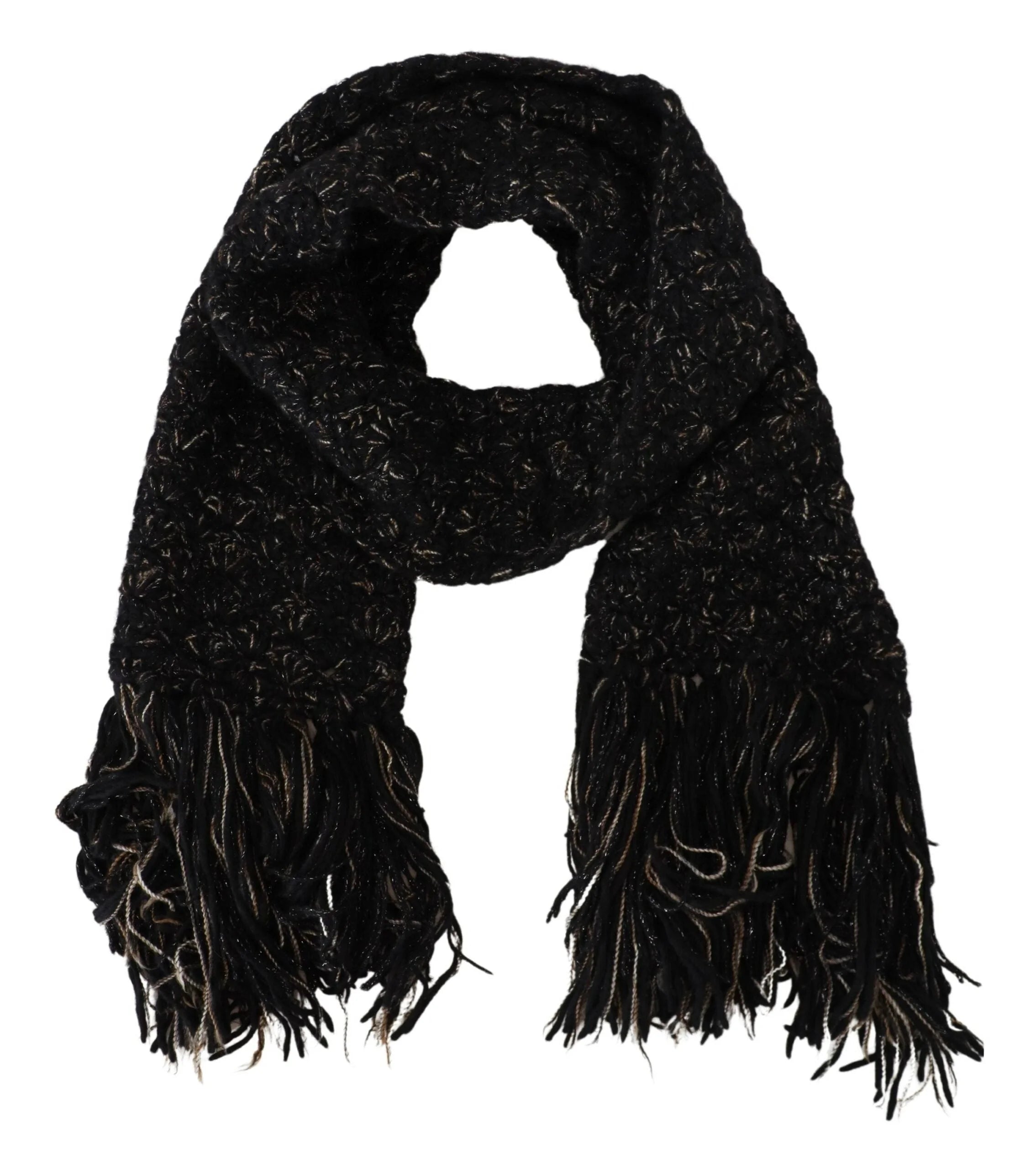 Dolce & Gabbana Black Wool Knitted Wrap Foulard Fringe Scarf - Scarves & Shawls