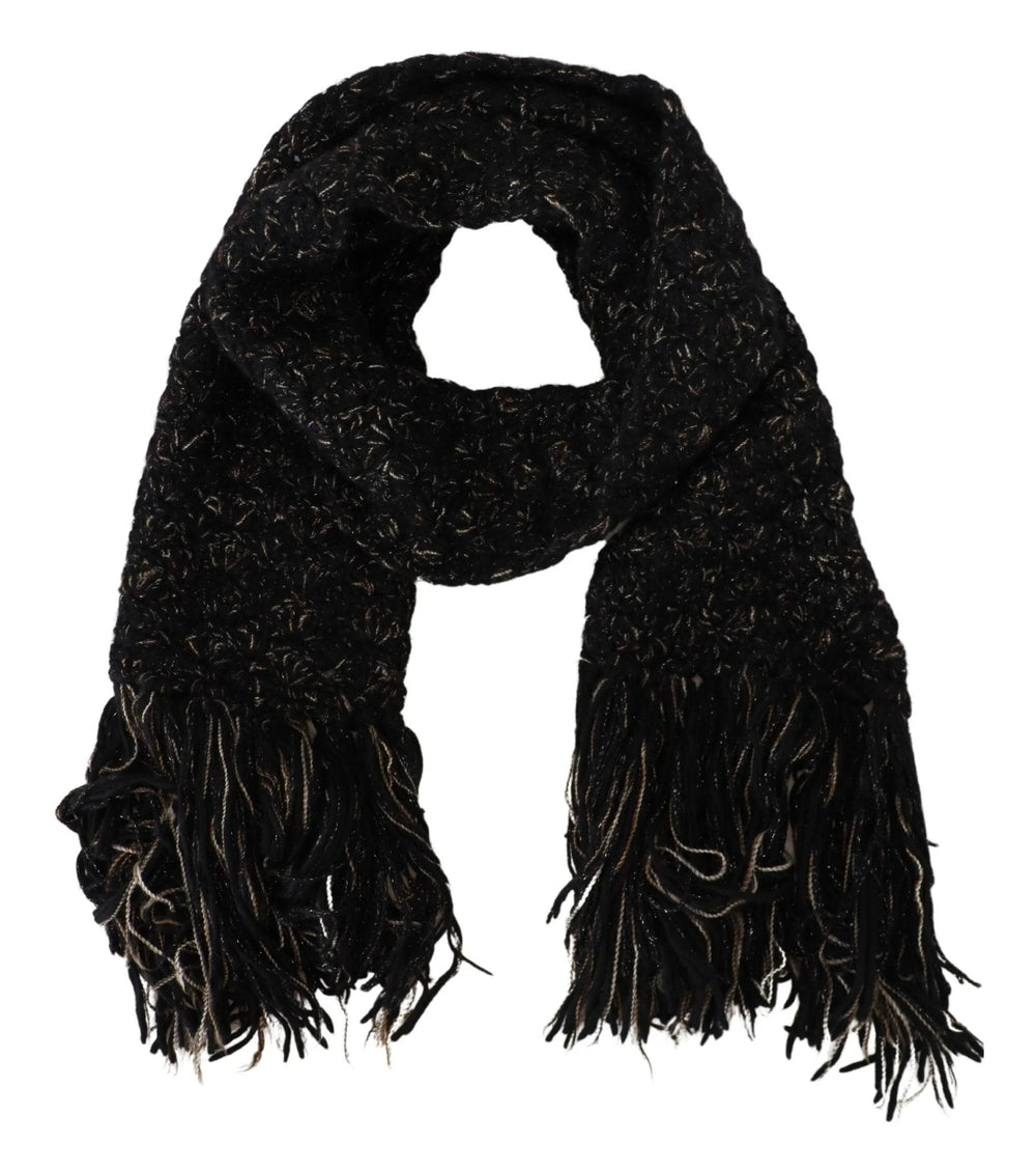 Dolce & Gabbana Black Wool Knitted Wrap Foulard Fringe Scarf - Scarves & Shawls