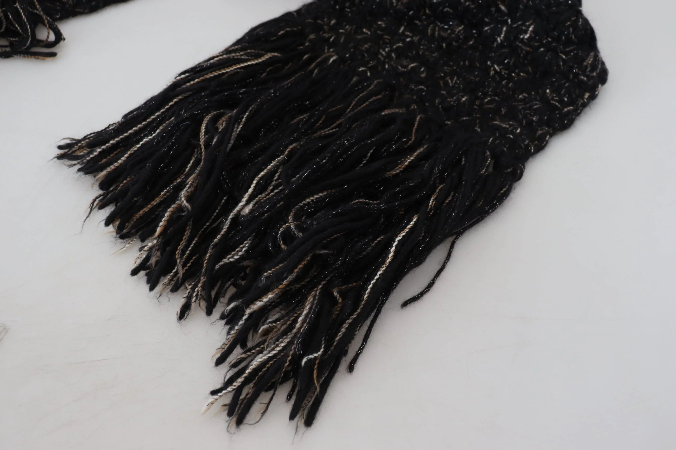 Dolce & Gabbana Black Wool Knitted Wrap Foulard Fringe Scarf - Scarves & Shawls