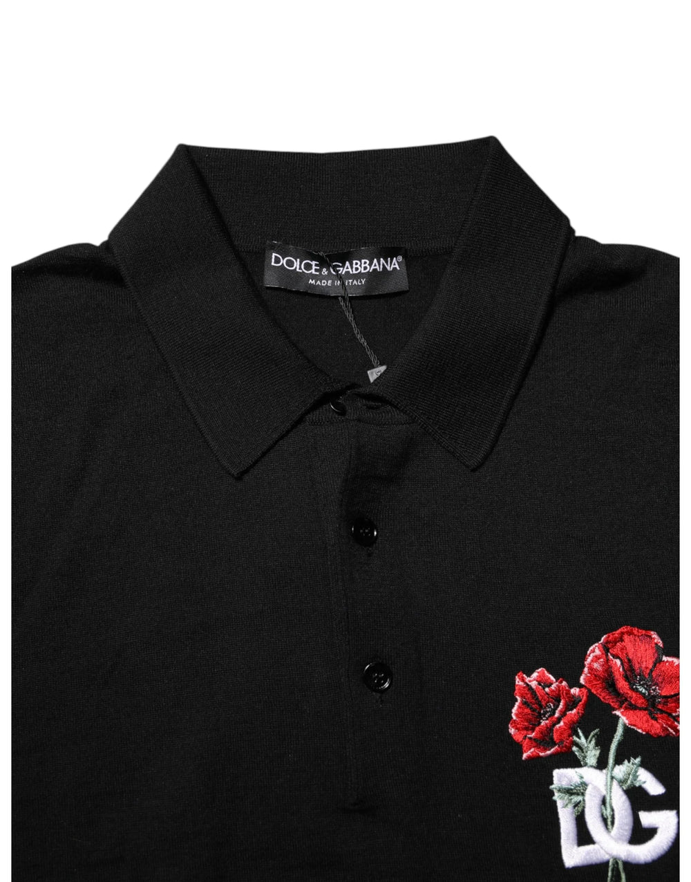 Dolce & Gabbana Black Wool Logo Floral Short Sleeve T-shirt - Polos