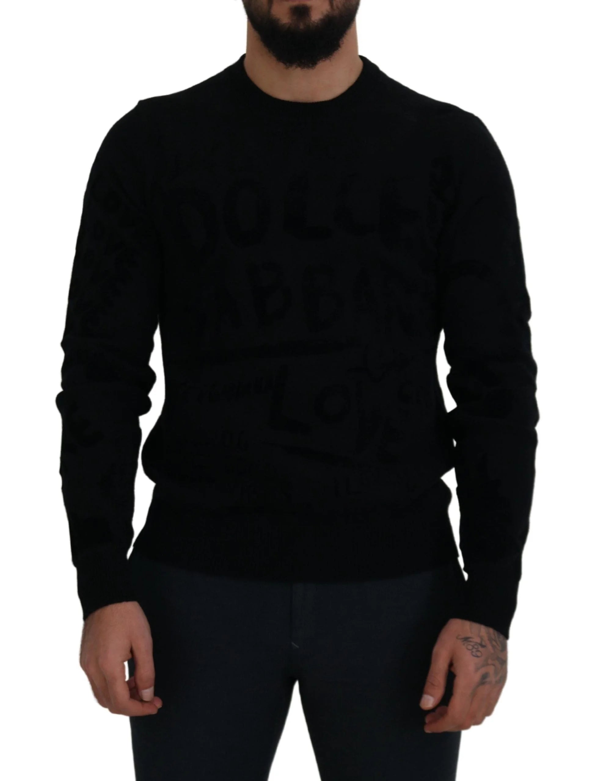Dolce & Gabbana Black Wool Logo Pattern Crewneck Pullover Sweater - Sweaters