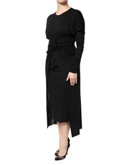 Dolce & Gabbana Black Wool Long Sleeves Sheath Midi Dress - Dresses