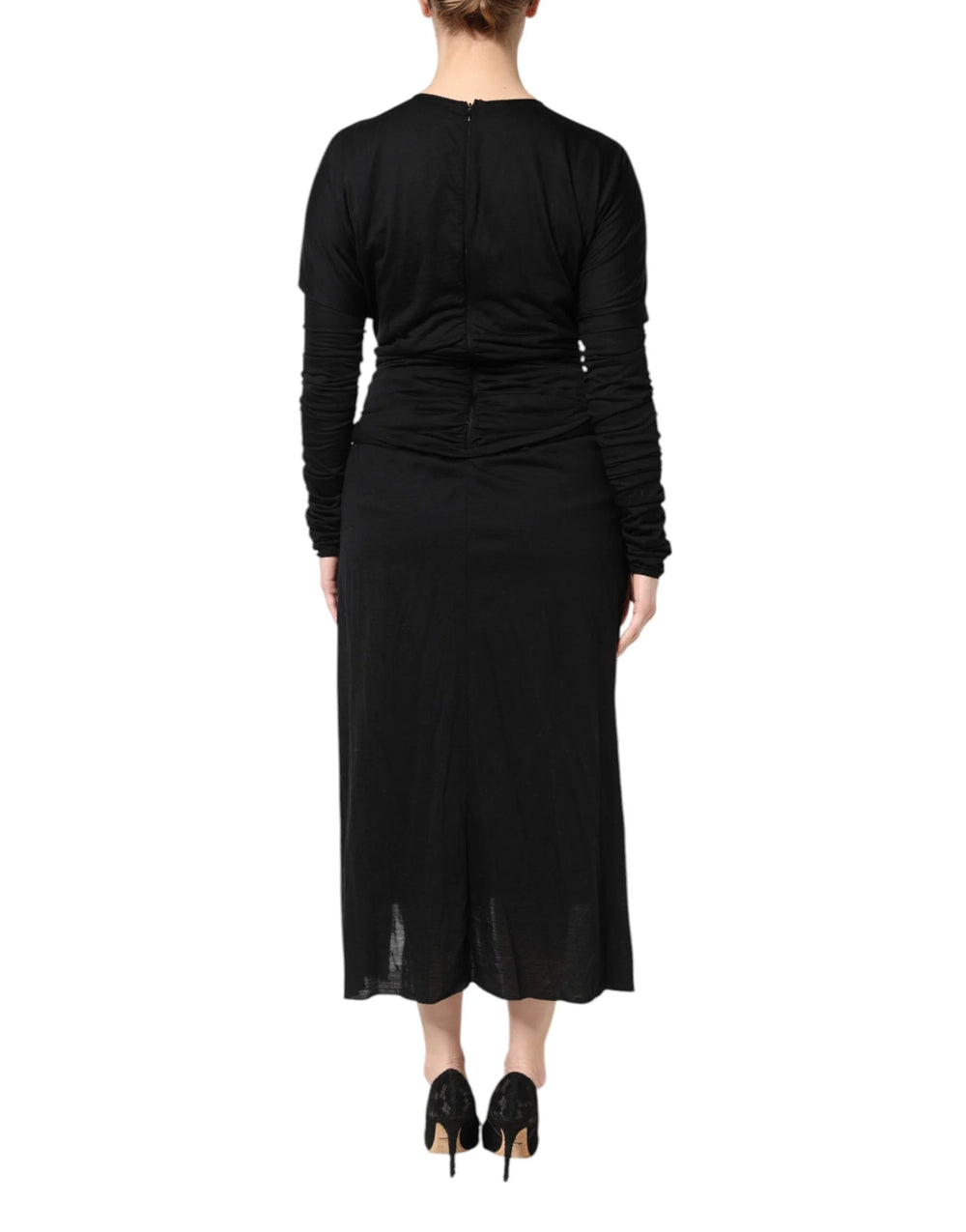 Dolce & Gabbana Black Wool Long Sleeves Sheath Midi Dress - Dresses