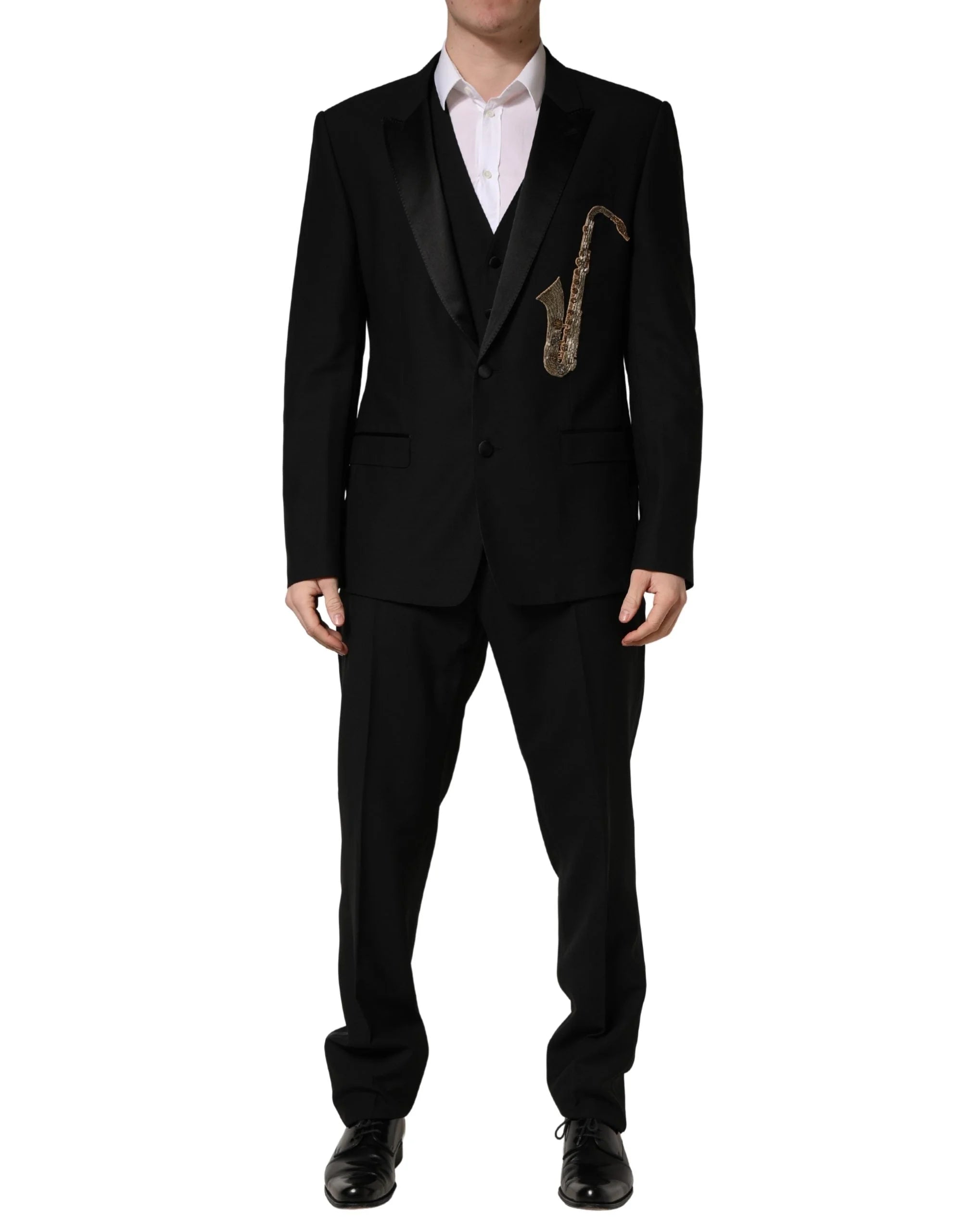 Dolce & Gabbana Schwarzer Woll-Seide Saxophone Slim Fit 3-teiliger Anzug - XL