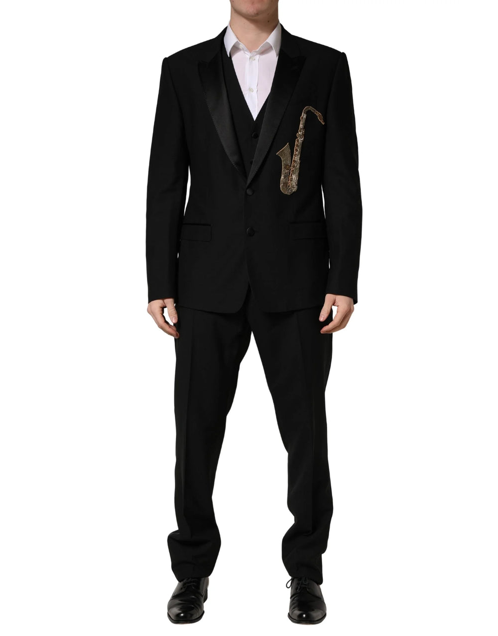 Dolce & Gabbana Schwarzer Woll-Seide Saxophone Slim Fit 3-teiliger Anzug - XL