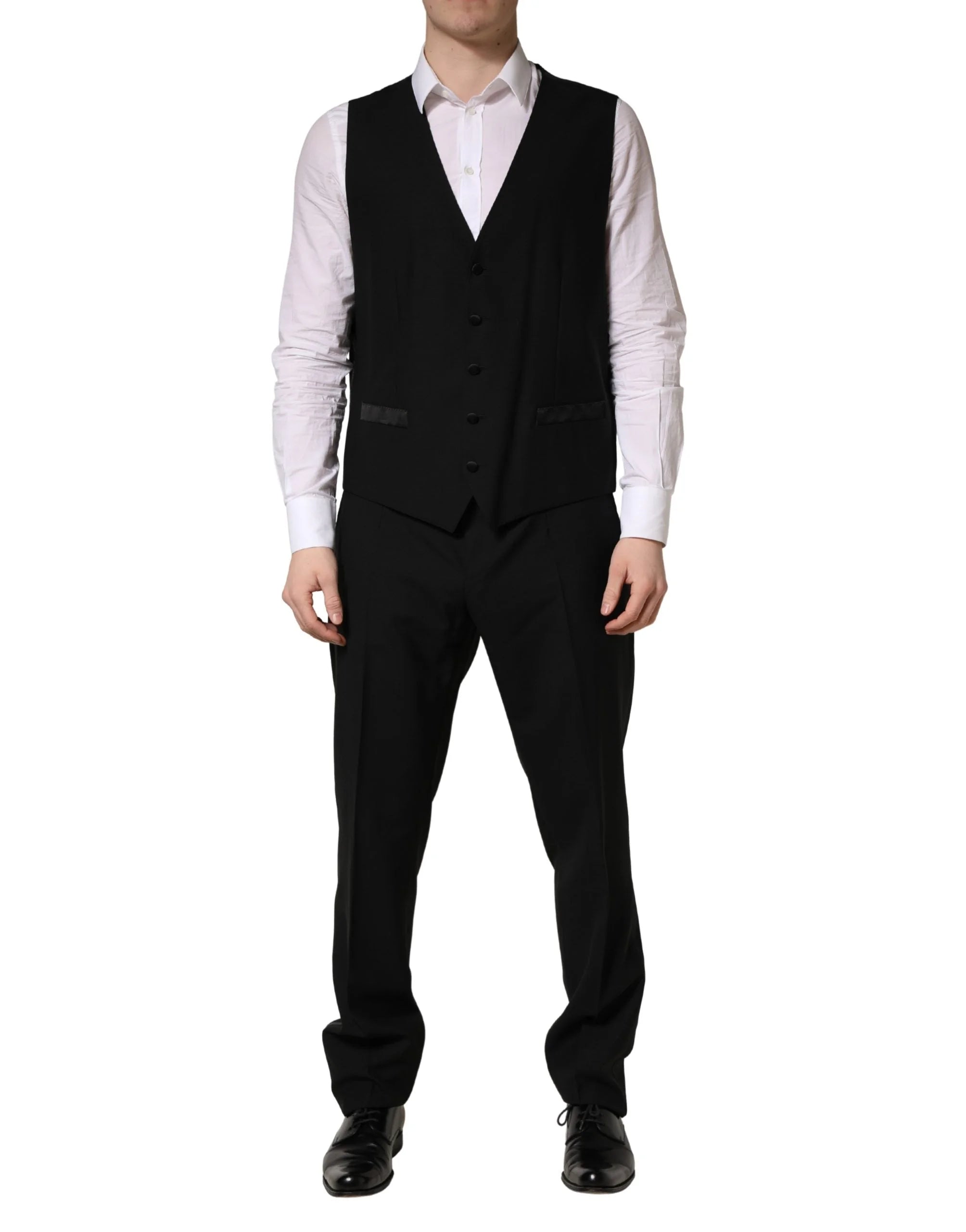 Dolce & Gabbana Schwarzer Woll-Seide Saxophone Slim Fit 3-teiliger Anzug - XL