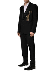 Dolce & Gabbana Schwarzer Woll-Seide Saxophone Slim Fit 3-teiliger Anzug - XL